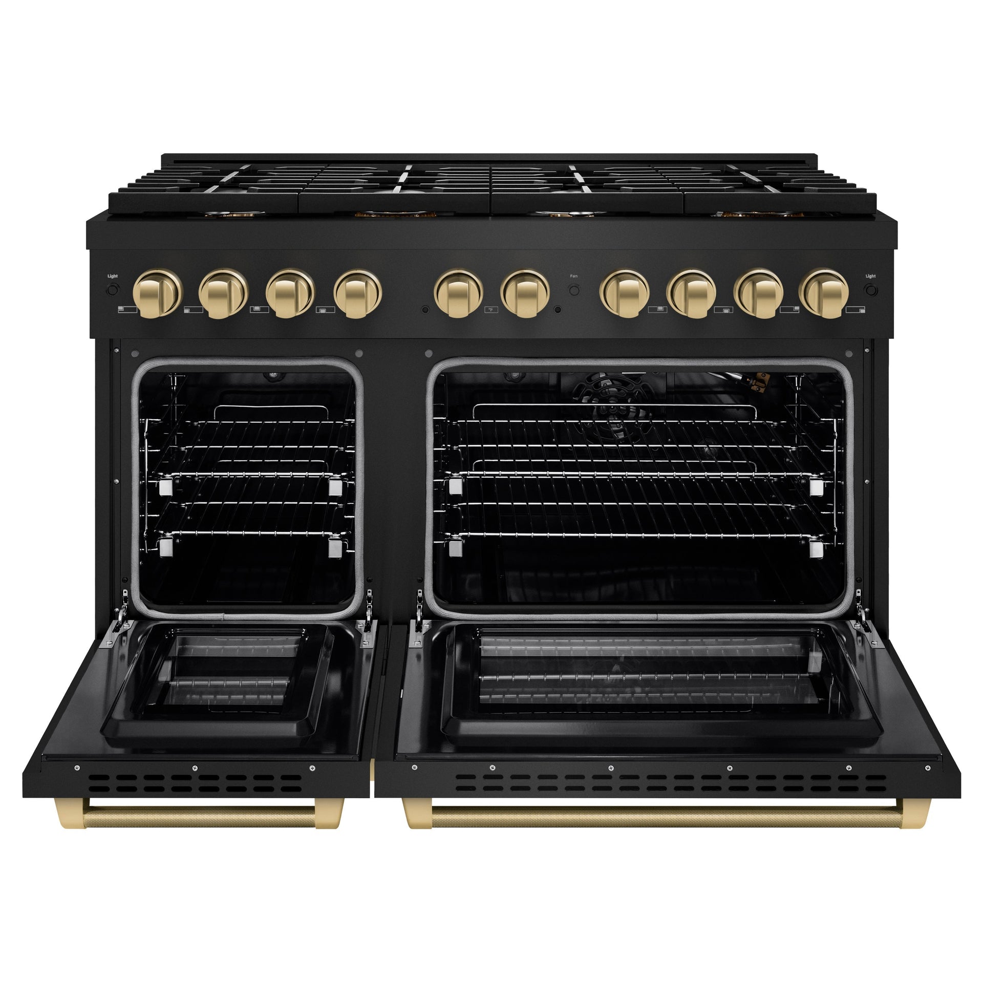 zline-48-in-gas-range-double-oven-6-7-cu-ft-8-burner-cooktop-black-stainless-steel-with-champagne-bronze-helix-handles-knobs-sgrbz-48-kcb