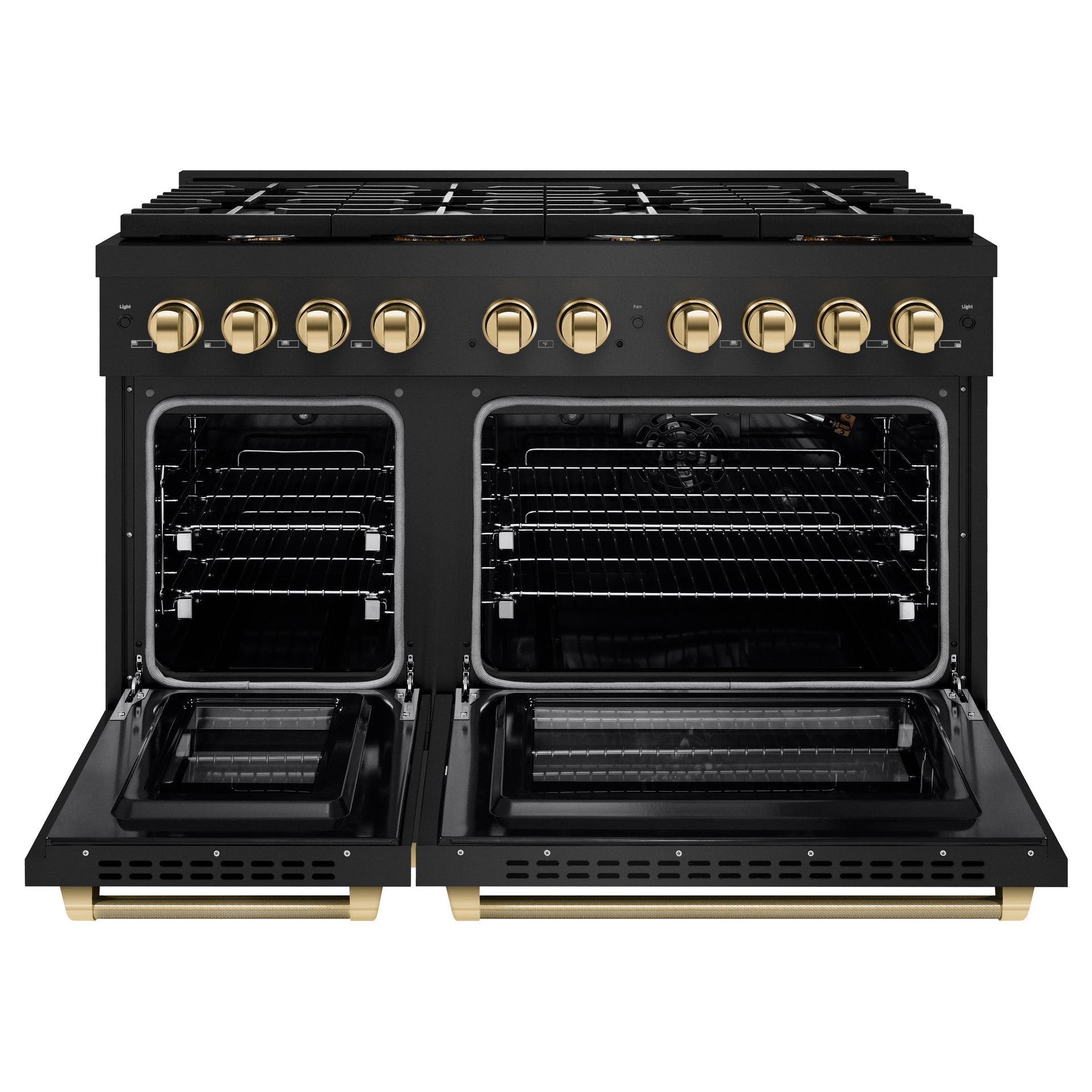 zline-48-inch-gas-range-double-oven-6-7-cu-ft-8-burner-cooktop-black-stainless-steel-polished-gold-helix-handles-sgrbz-48-kg