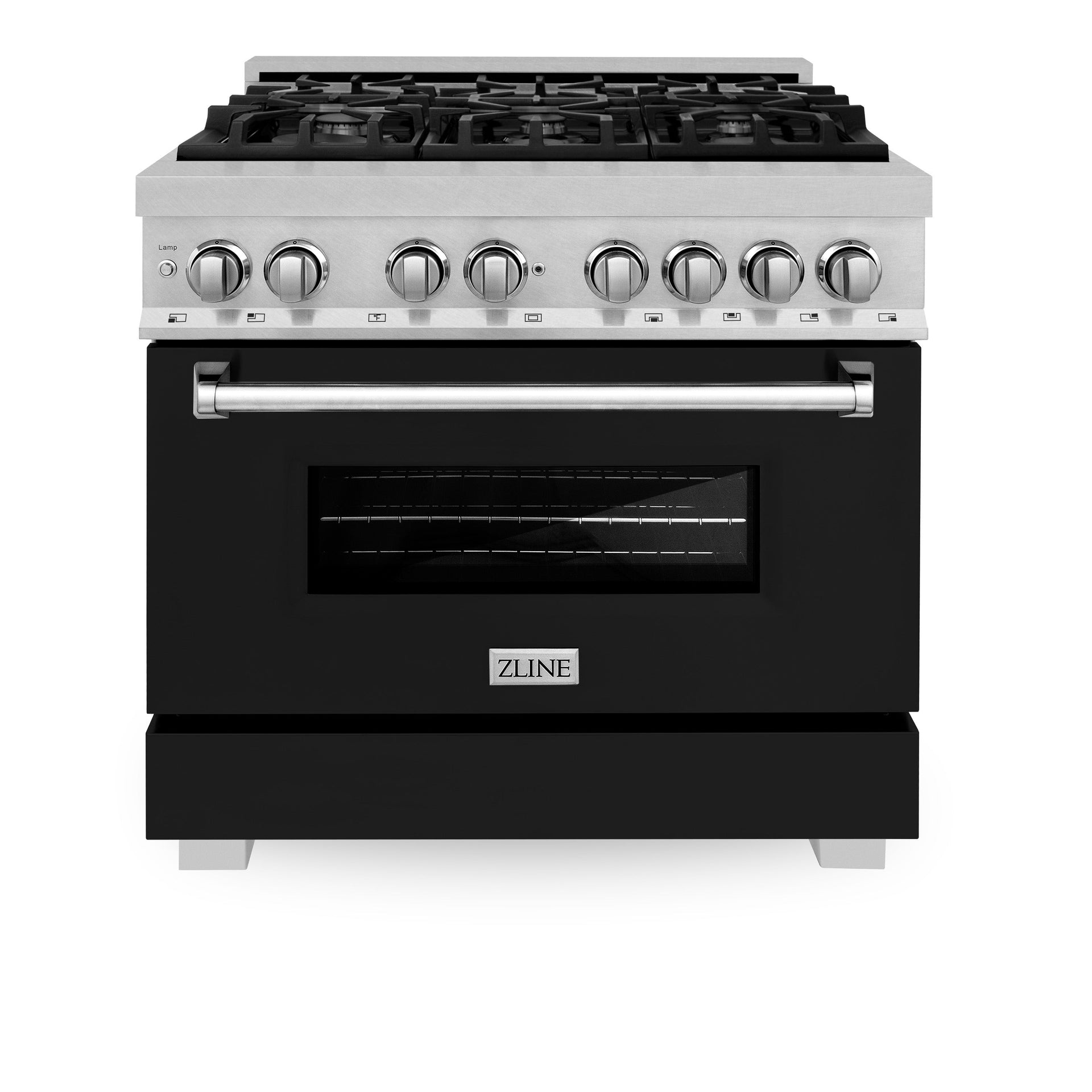 zline-legacy-36-inch-dual-fuel-range-4-6-cu-ft-electric-convection-oven-6-burner-gas-cooktop-satin-stainless-steel-with-black-matte-door-model-ras-blm-36
