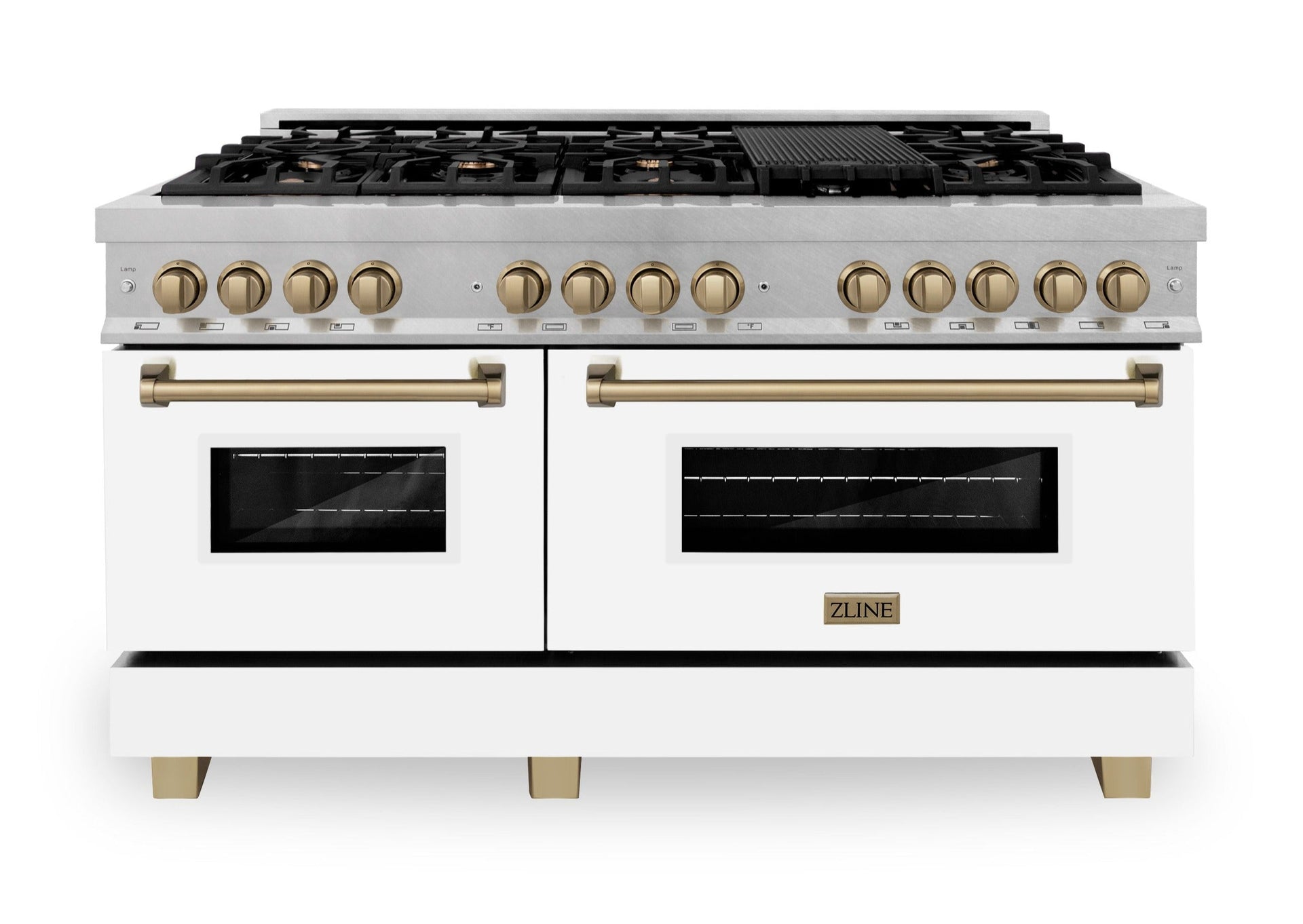 zline-autograph-edition-60-in-7-4-cu-ft-legacy-dual-fuel-range-with-9-burner-gas-cooktop-and-2-electric-convection-ovens-in-satin-stainless-steel-with-white-matte-doors-and-champagne-bronze-accents-rasz-wm-60-cb