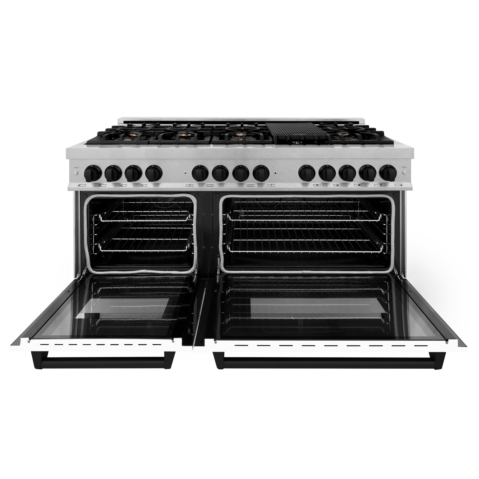 zline-autograph-60-in-legacy-dual-fuel-range-with-9-gas-burners-and-double-electric-convection-ovens-7-4-cu-ft-satin-stainless-steel-with-white-matte-doors-and-matte-black-accents-rasz-wm-60-mb