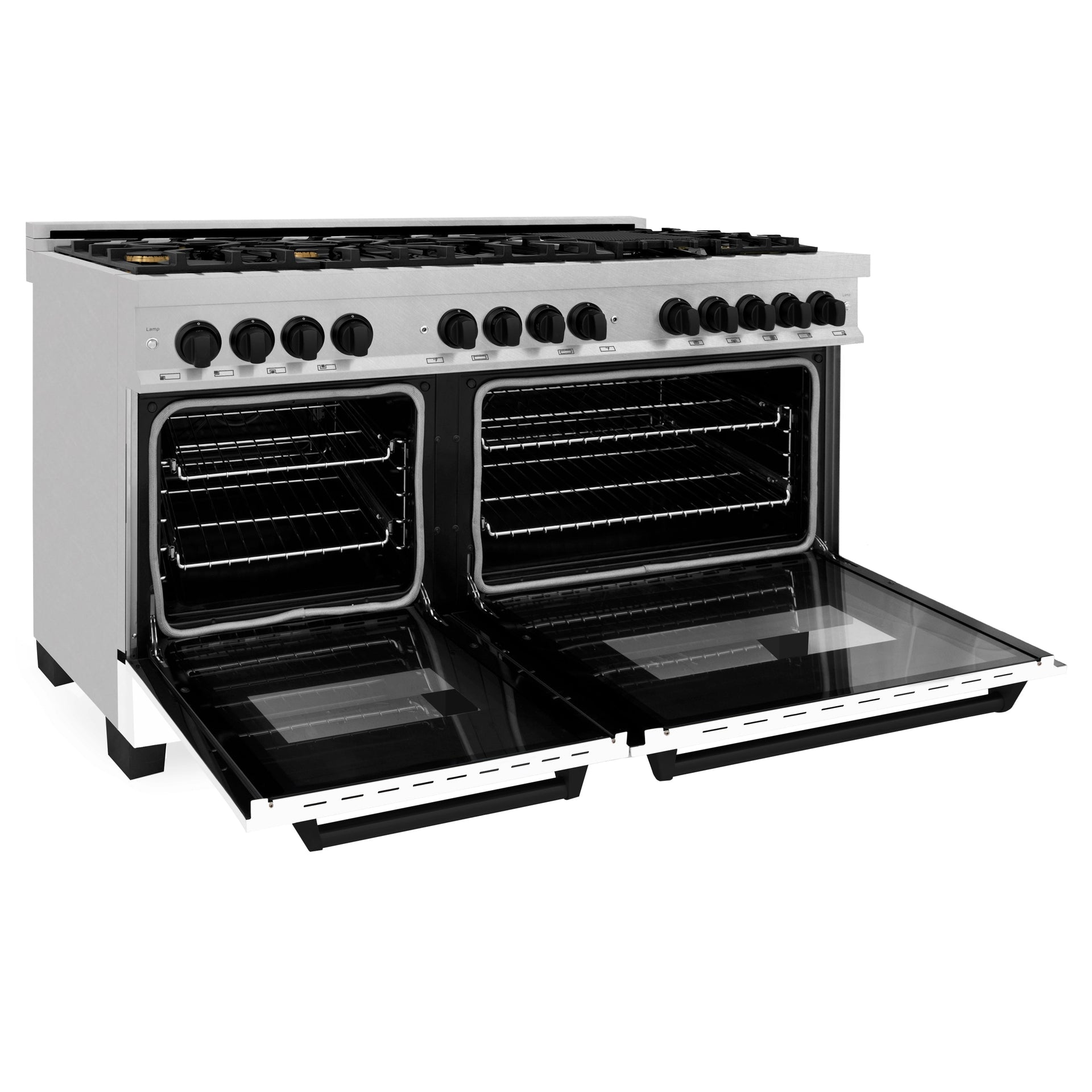zline-autograph-60-in-legacy-dual-fuel-range-with-9-gas-burners-and-double-electric-convection-ovens-7-4-cu-ft-satin-stainless-steel-with-white-matte-doors-and-matte-black-accents-rasz-wm-60-mb