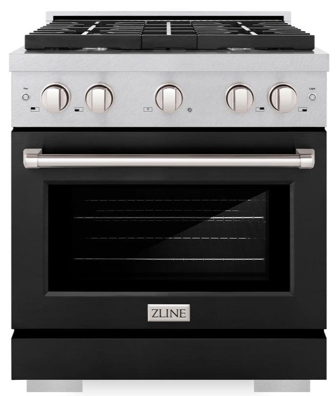 zline-30-paramount-dual-fuel-range-4-2-cu-ft-4-gas-burners-electric-convection-oven-satin-stainless-steel-with-black-matte-door-sdrs-blm-30