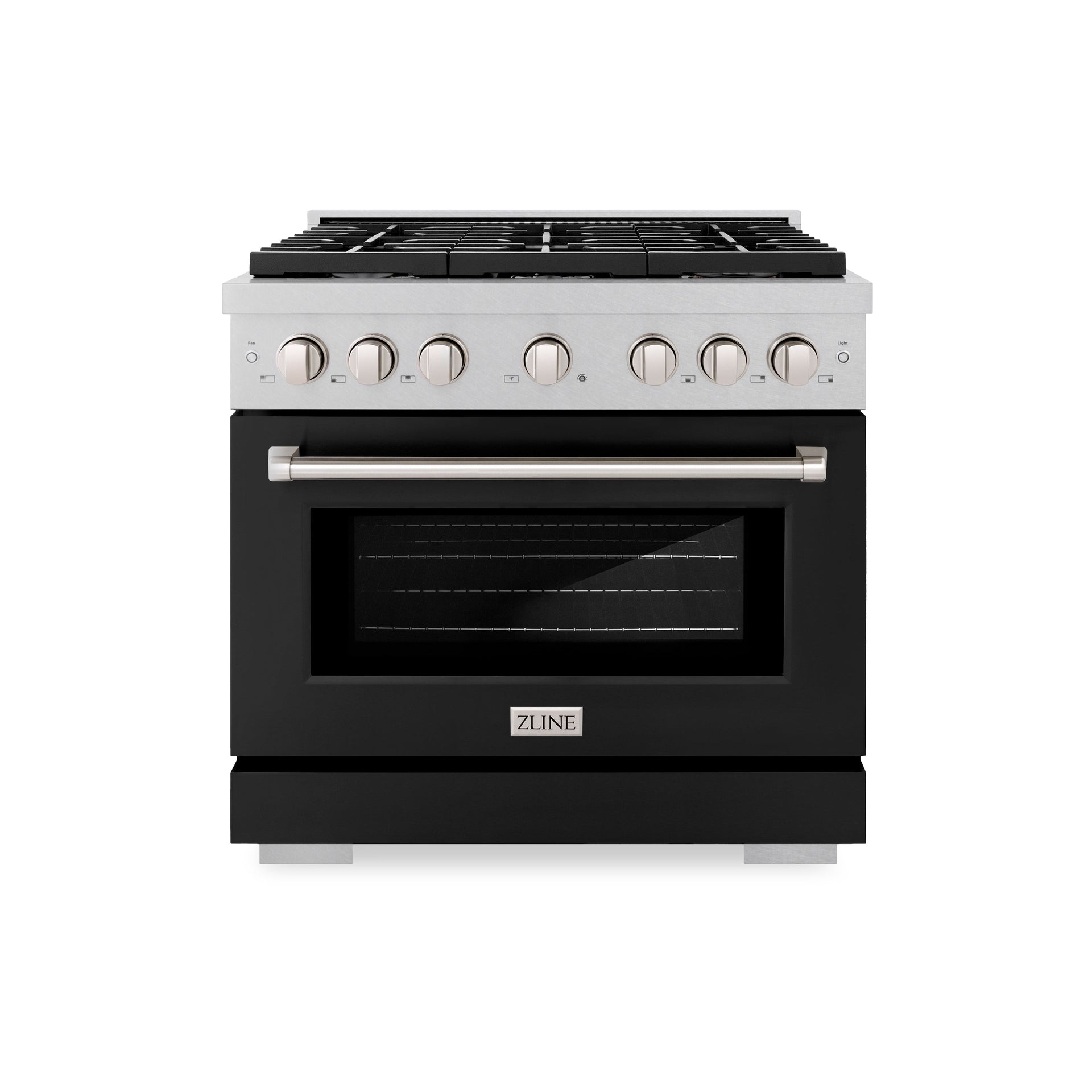 zline-36-in-paramount-dual-fuel-range-6-burner-gas-cooktop-electric-convection-oven-5-2-cu-ft-satin-stainless-steel-with-black-matte-door-sdrs-blm-36
