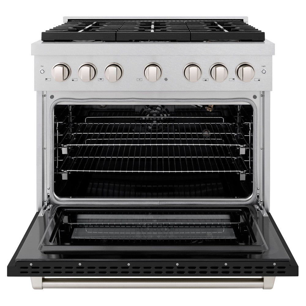 zline-36-in-paramount-dual-fuel-range-6-burner-gas-cooktop-electric-convection-oven-5-2-cu-ft-satin-stainless-steel-with-black-matte-door-sdrs-blm-36