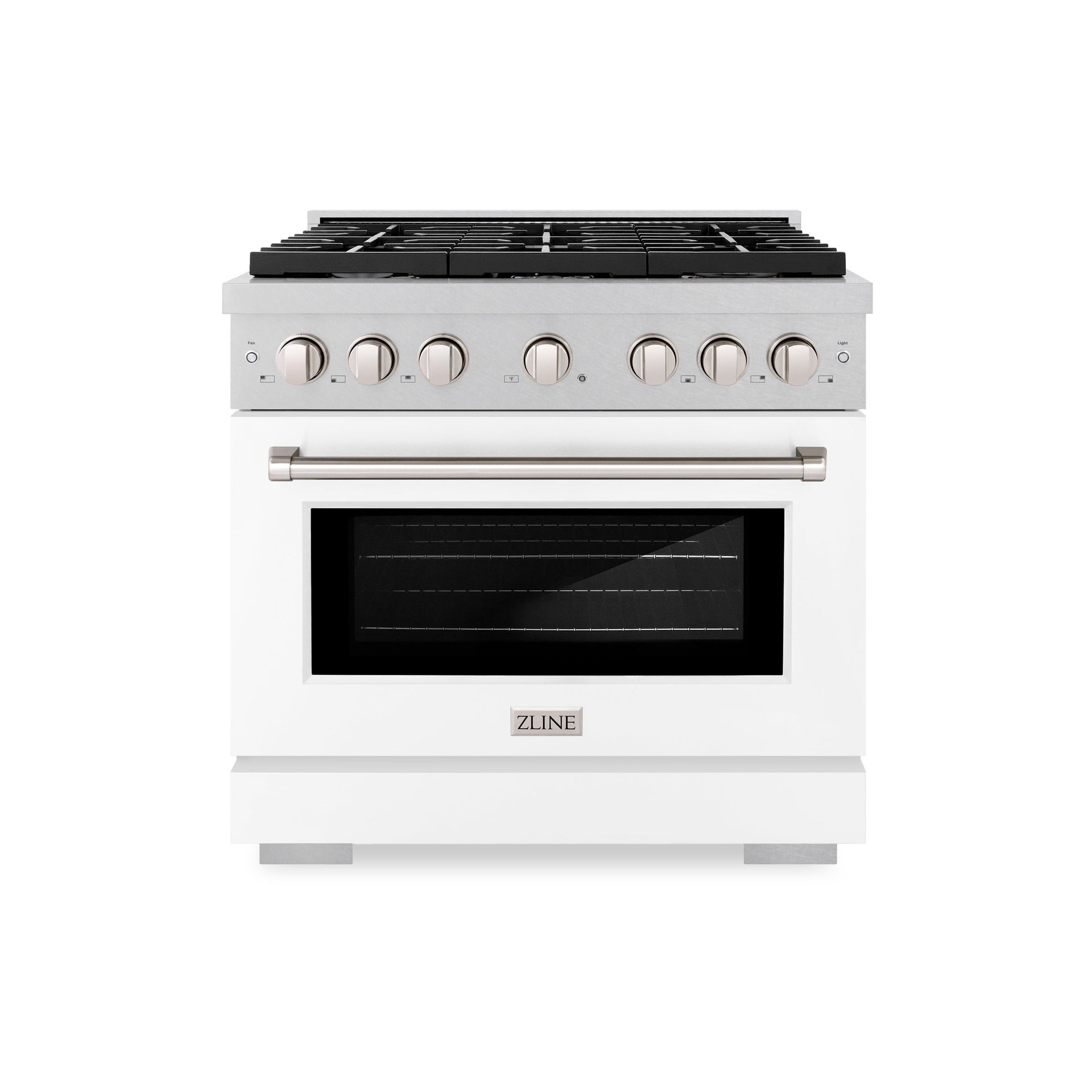zline-paramount-36-in-dual-fuel-range-with-6-gas-burners-and-electric-convection-oven-5-2-cu-ft-satin-stainless-steel-with-white-matte-door-sdrs-wm-36