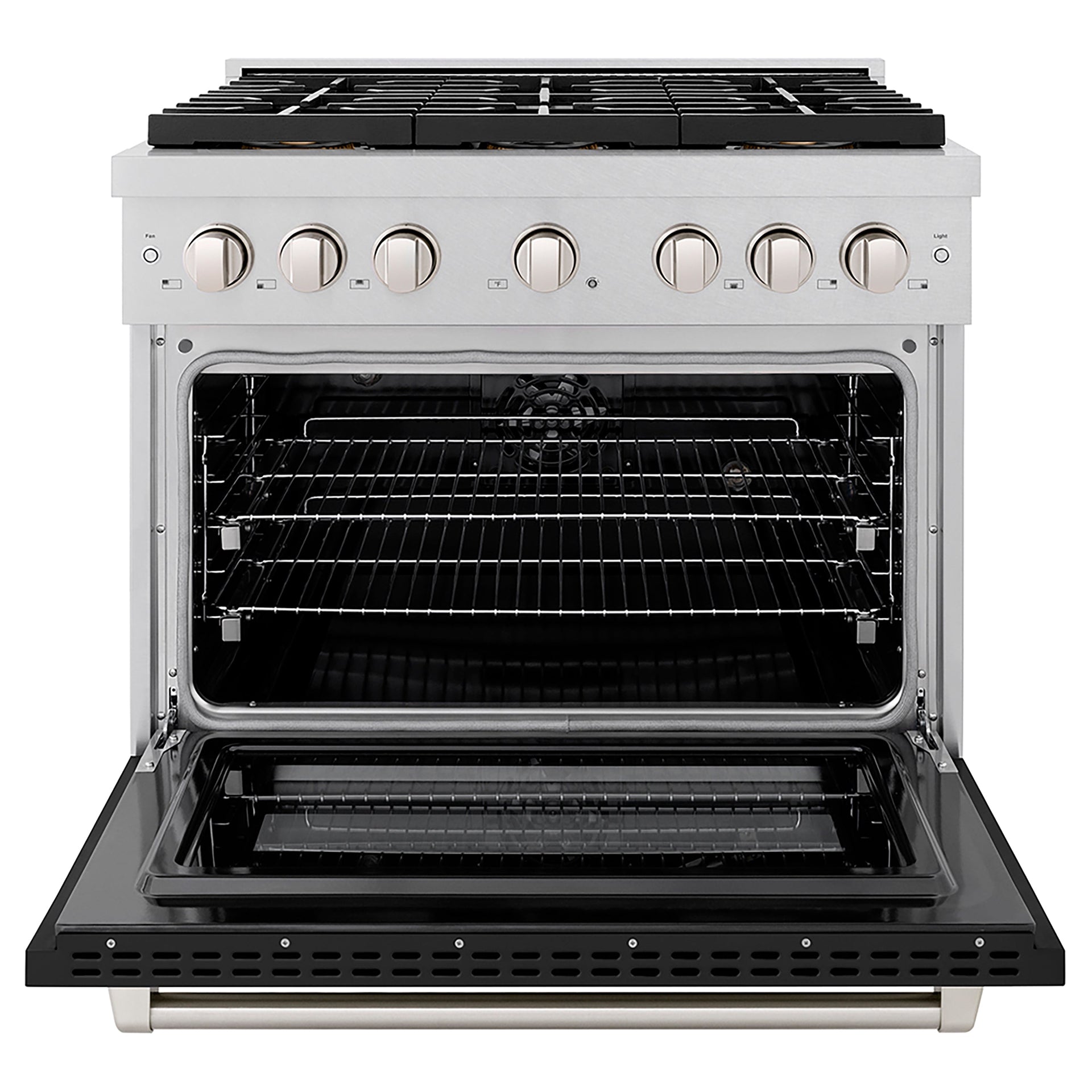 zline-36-in-dual-fuel-range-5-2-cu-ft-6-burner-duopro™-cooktop-electric-convection-oven-satin-stainless-steel-with-black-matte-door-psdrs-blm-36