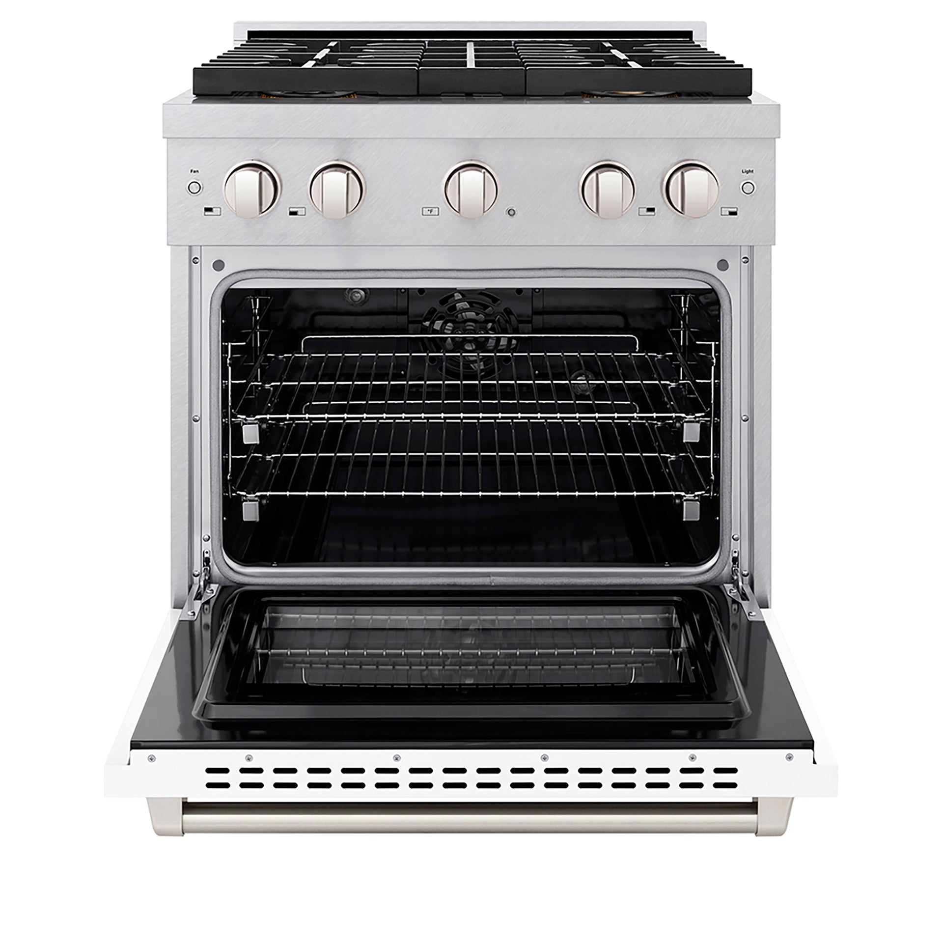 zline-30-in-dual-fuel-range-4-2-cu-ft-capacity-4-burner-duopro™-cooktop-electric-convection-oven-satin-stainless-steel-with-white-matte-door-psdrs-wm-30