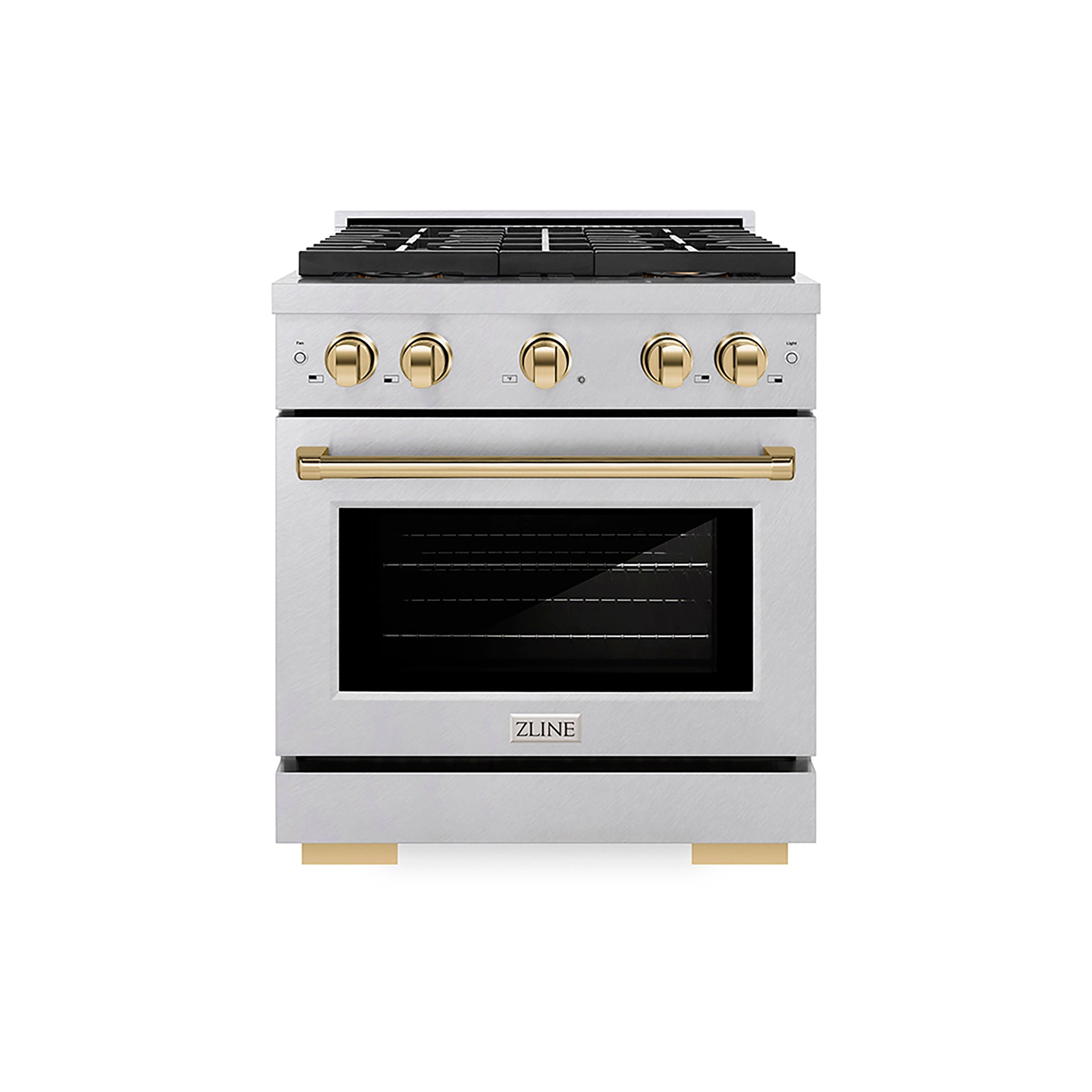 zline-30-in-dual-fuel-range-4-2-cu-ft-paramount-series-with-4-burner-duopro™-cooktop-electric-convection-oven-satin-stainless-steel-with-polished-gold-accents-psdrsz-30-g