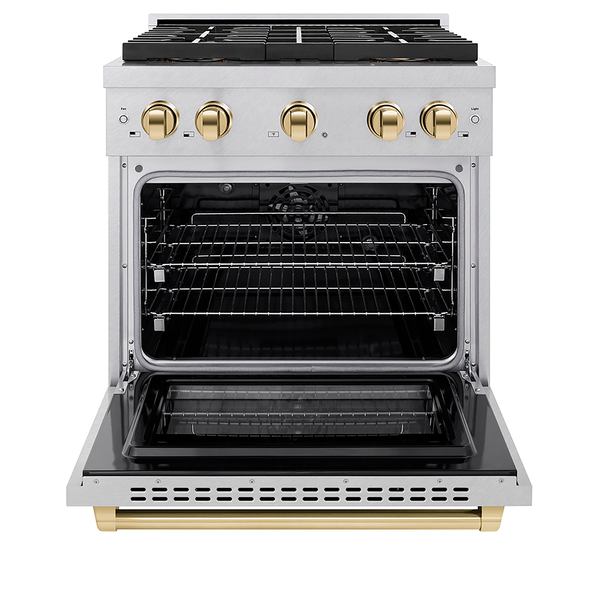 zline-30-in-dual-fuel-range-4-2-cu-ft-paramount-series-with-4-burner-duopro™-cooktop-electric-convection-oven-satin-stainless-steel-with-polished-gold-accents-psdrsz-30-g