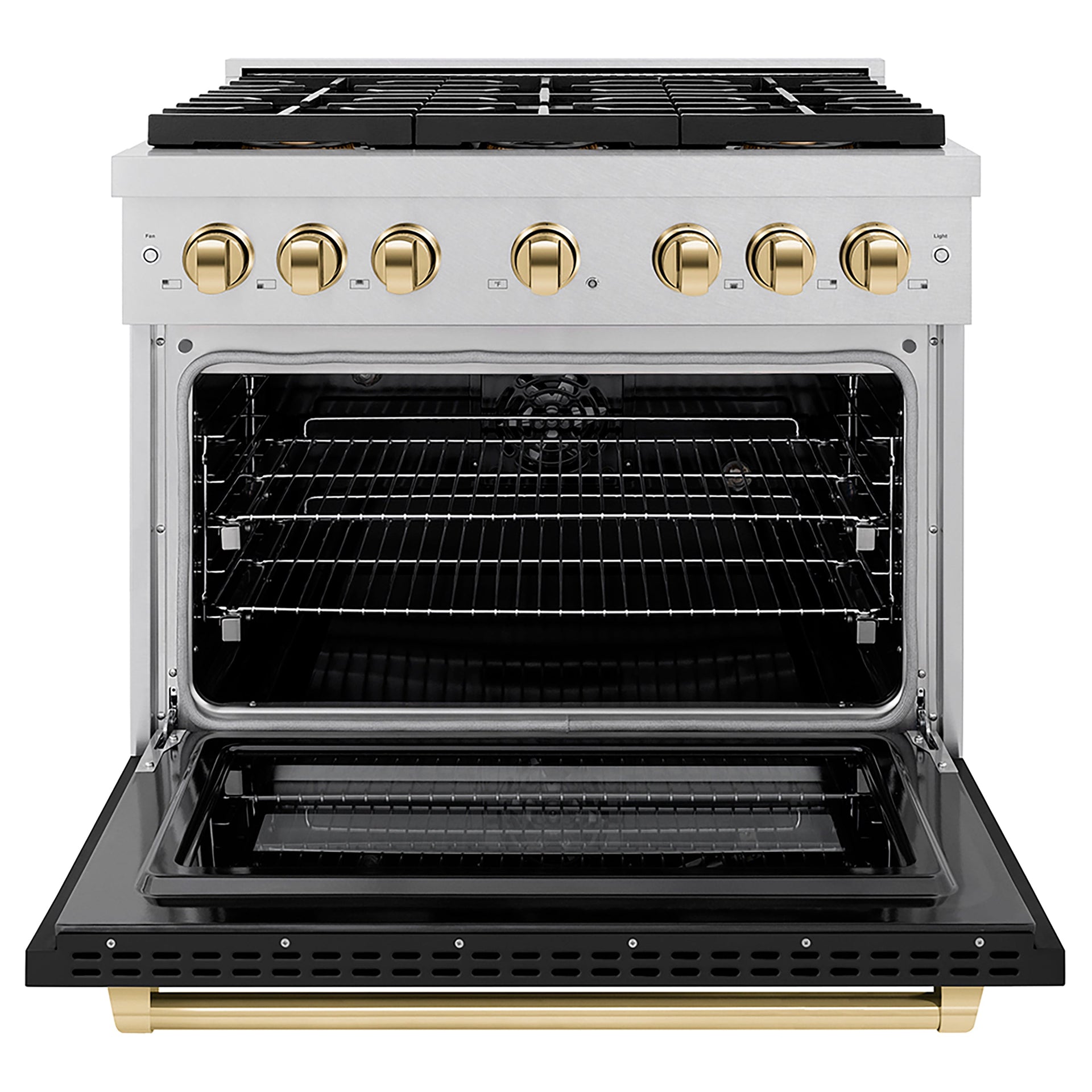zline-36-in-dual-fuel-range-5-2-cu-ft-6-burner-duopro™-cooktop-electric-convection-oven-satin-stainless-steel-black-matte-door-polished-gold-accents-psdrsz-blm36-g