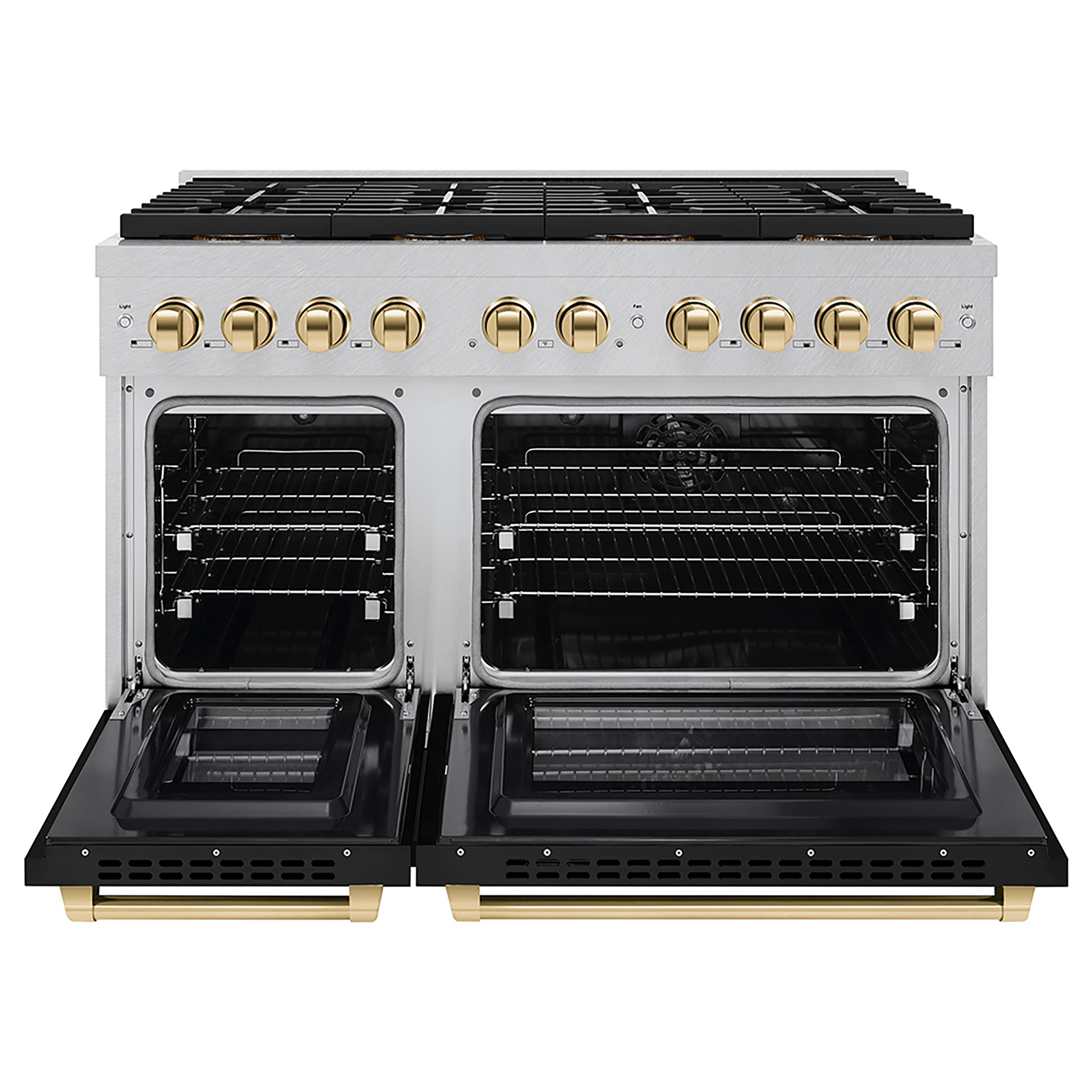 zline-48-in-dual-fuel-range-6-7-cu-ft-8-burner-duopro™-cooktop-dual-ovens-satin-stainless-steel-black-matte-doors-polished-gold-accents-psdrsz-blm48-g