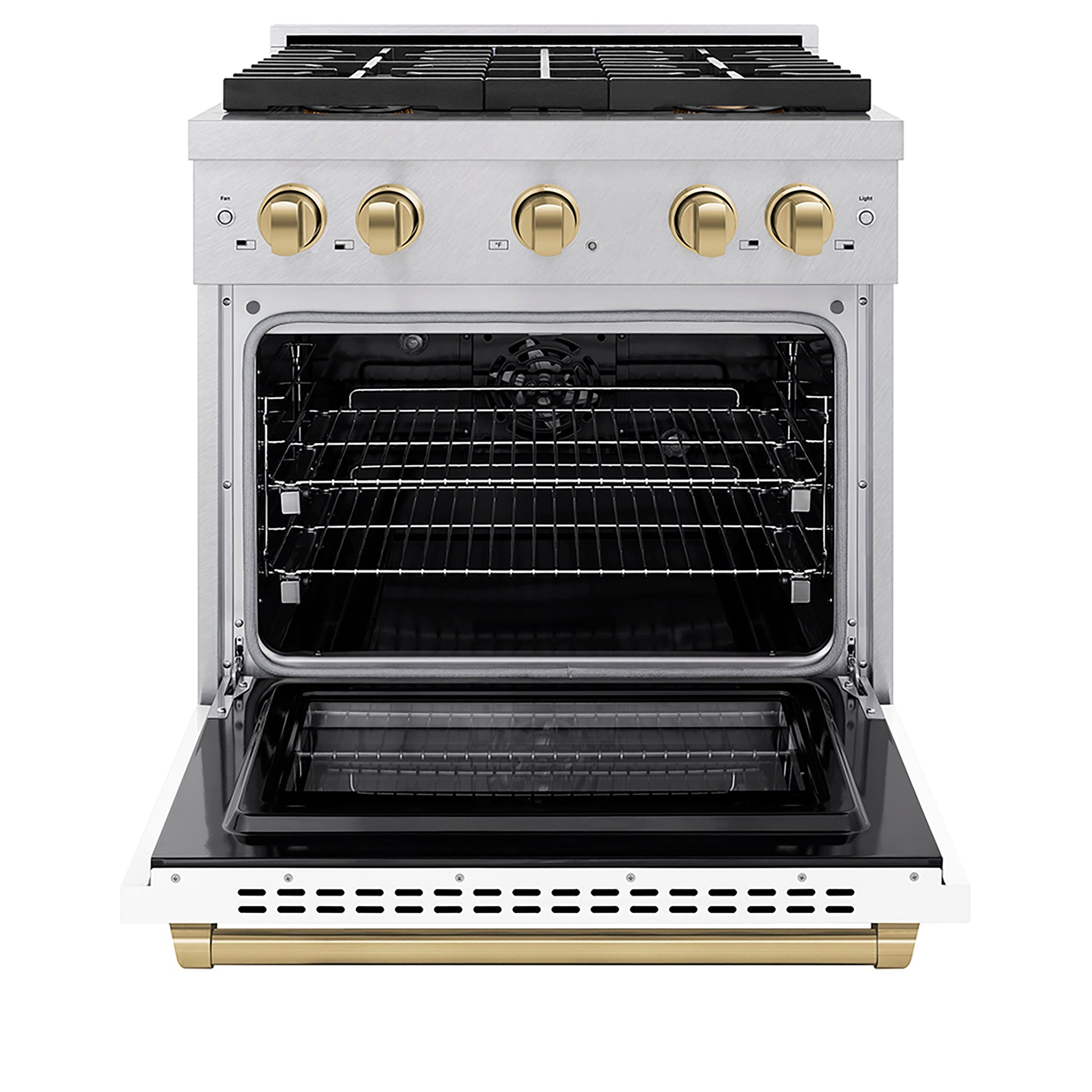 zline-30-in-dual-fuel-range-4-2-cu-ft-4-burner-duopro™-cooktop-electric-convection-oven-satin-stainless-steel-white-matte-door-champagne-bronze-accents-psdrsz-wm-30-cb