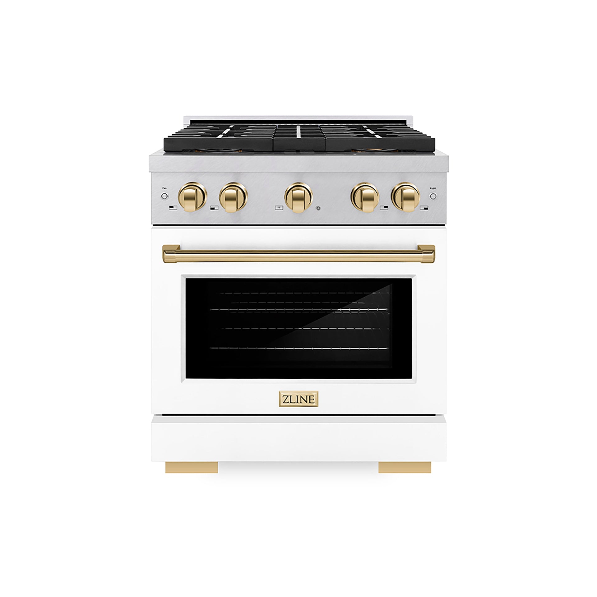 zline-30-in-dual-fuel-range-4-2-cu-ft-4-burner-duopro™-cooktop-electric-convection-oven-satin-stainless-steel-white-matte-door-polished-gold-accents-psdrsz-wm-30-g