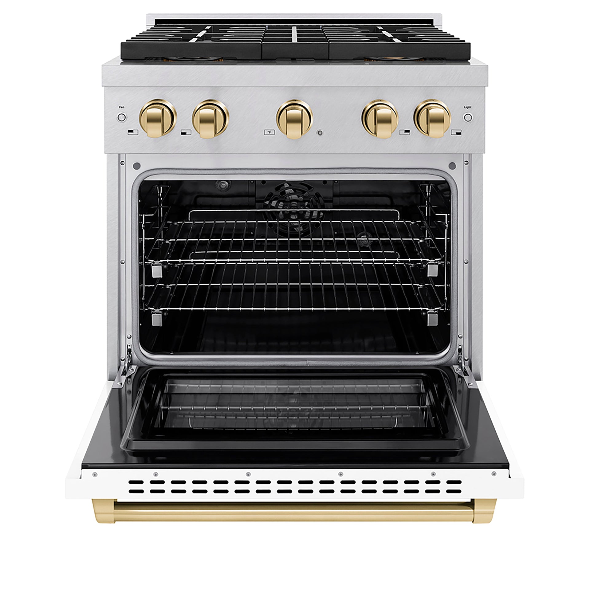 zline-30-in-dual-fuel-range-4-2-cu-ft-4-burner-duopro™-cooktop-electric-convection-oven-satin-stainless-steel-white-matte-door-polished-gold-accents-psdrsz-wm-30-g
