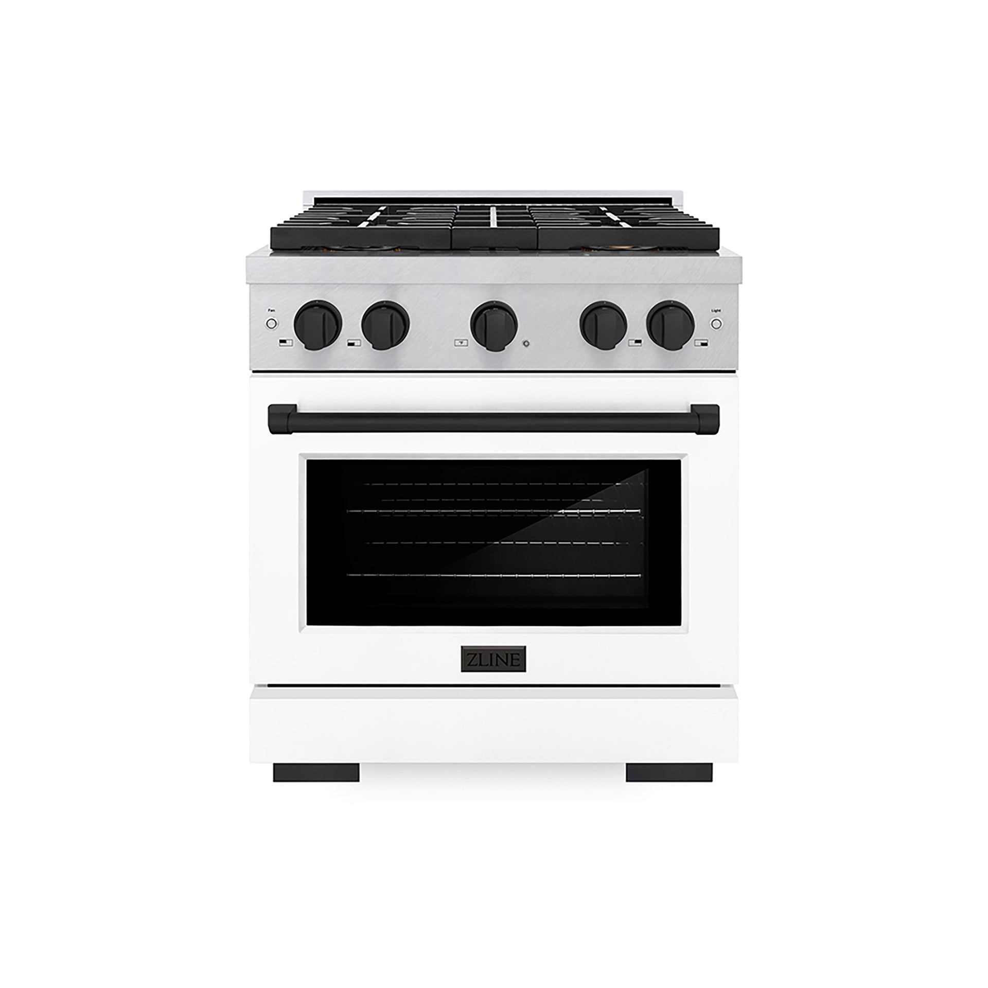zline-30-in-dual-fuel-range-4-2-cu-ft-4-burner-duopro™-cooktop-electric-convection-oven-satin-stainless-steel-white-matte-door-matte-black-accents-psdrsz-wm-30-mb