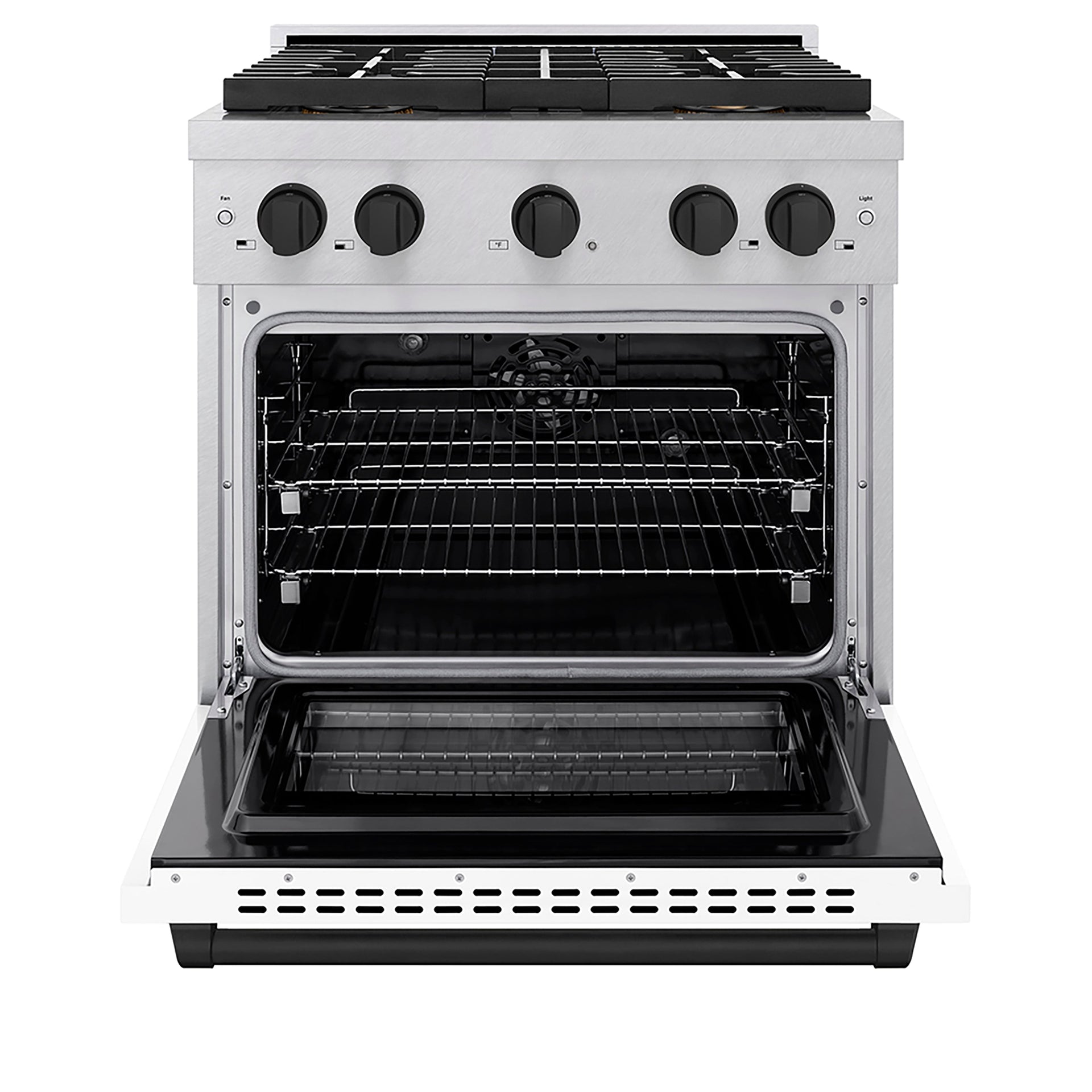 zline-30-in-dual-fuel-range-4-2-cu-ft-4-burner-duopro™-cooktop-electric-convection-oven-satin-stainless-steel-white-matte-door-matte-black-accents-psdrsz-wm-30-mb