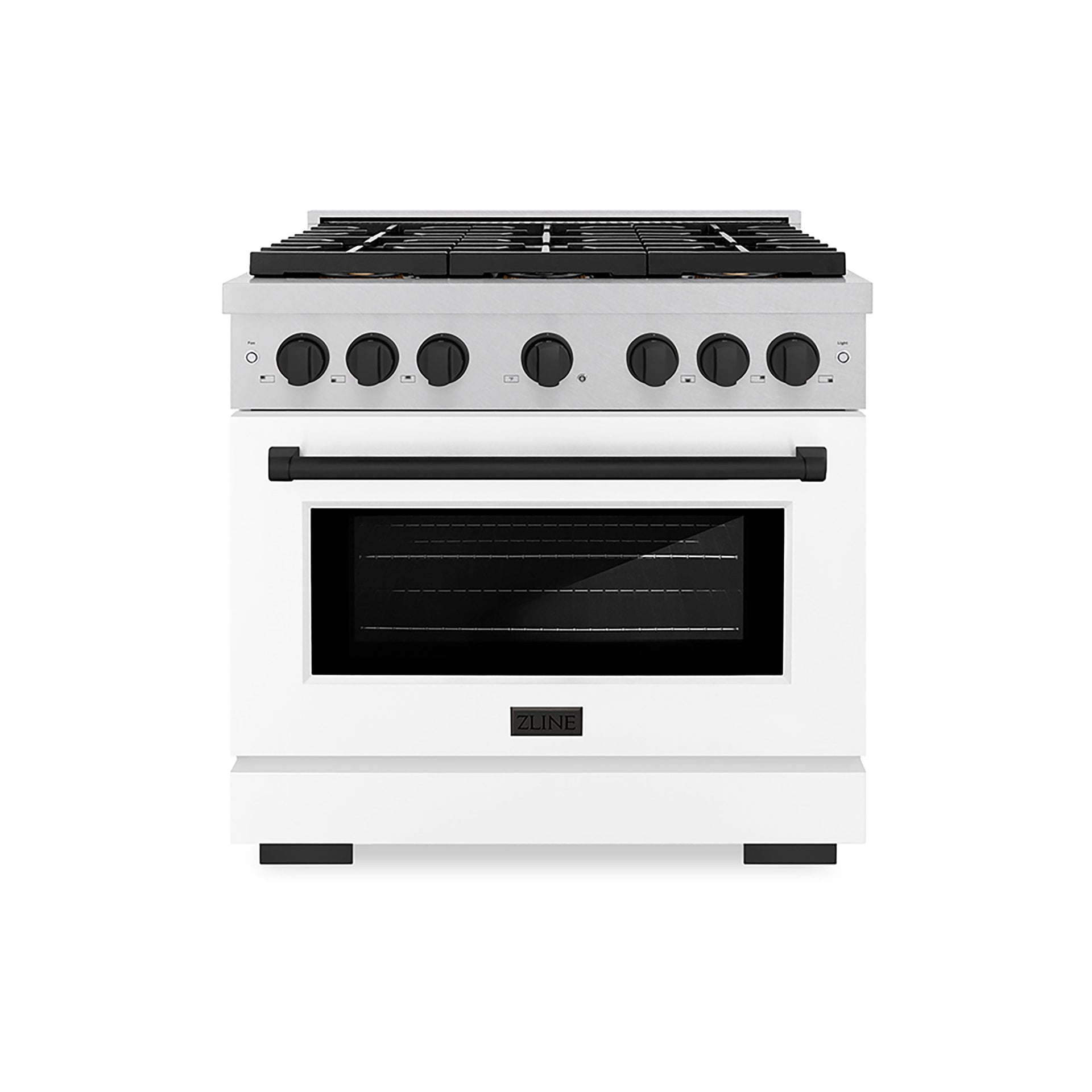 zline-36-in-dual-fuel-range-5-2-cu-ft-6-burner-duopro™-cooktop-electric-convection-oven-satin-stainless-steel-white-matte-door-matte-black-accents-psdrsz-wm-36-mb