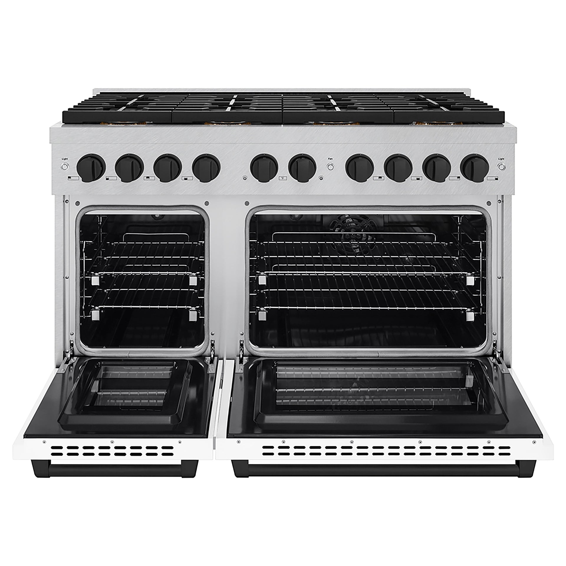 zline-48-in-dual-fuel-range-6-7-cu-ft-with-8-burner-duopro™-cooktop-dual-ovens-satin-stainless-steel-white-matte-doors-matte-black-accents-psdrsz-wm-48-mb