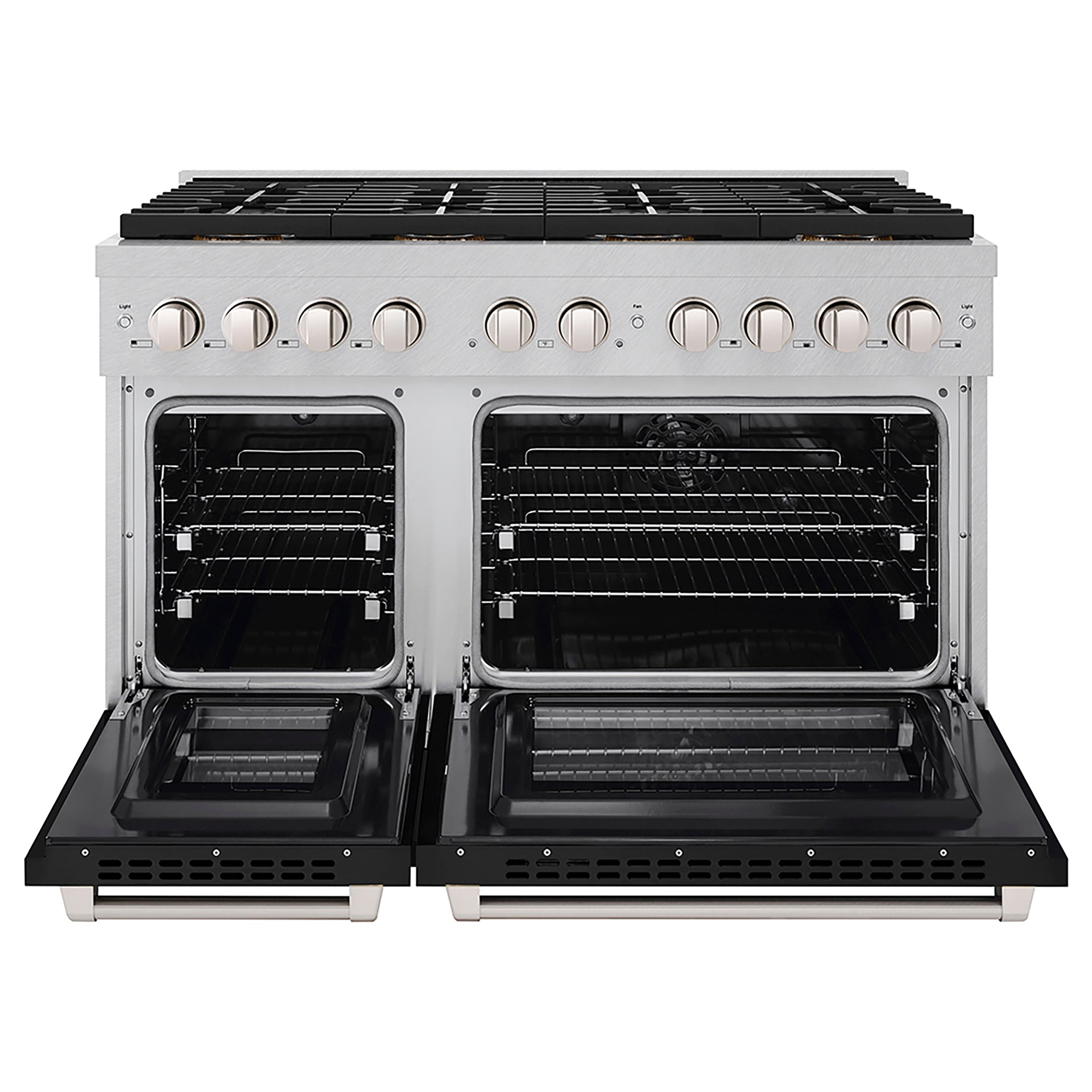 zline-48-in-dual-fuel-range-6-7-cu-ft-with-8-burner-duopro™-cooktop-and-dual-ovens-satin-stainless-steel-with-black-matte-doors-psdrs-blm-48