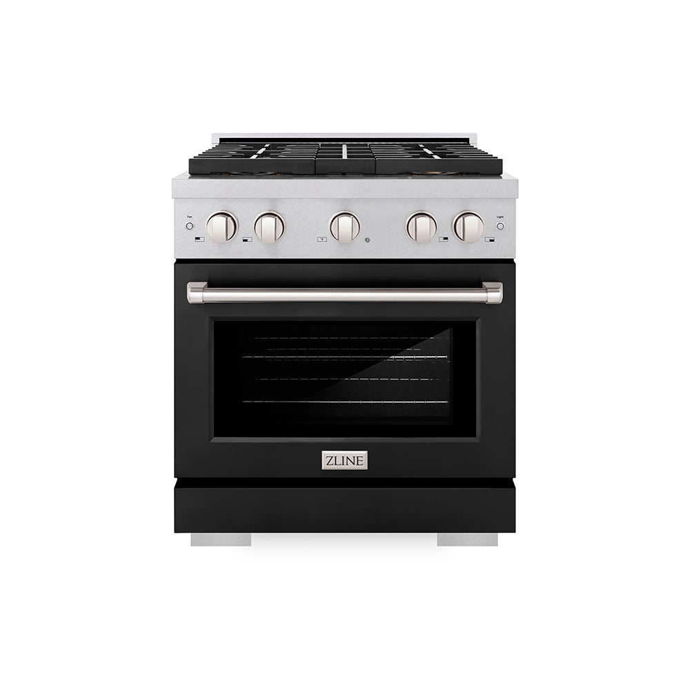 zline-30-in-gas-range-4-2-cu-ft-convection-gas-oven-with-4-burner-duopro™-cooktop-satin-stainless-steel-with-black-matte-door-psgrs-blm-30