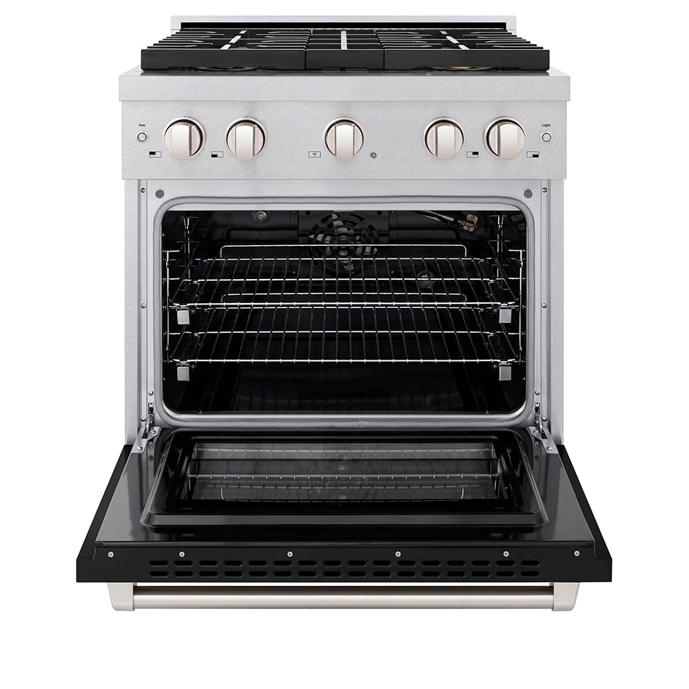 zline-30-in-gas-range-4-2-cu-ft-convection-gas-oven-with-4-burner-duopro™-cooktop-satin-stainless-steel-with-black-matte-door-psgrs-blm-30