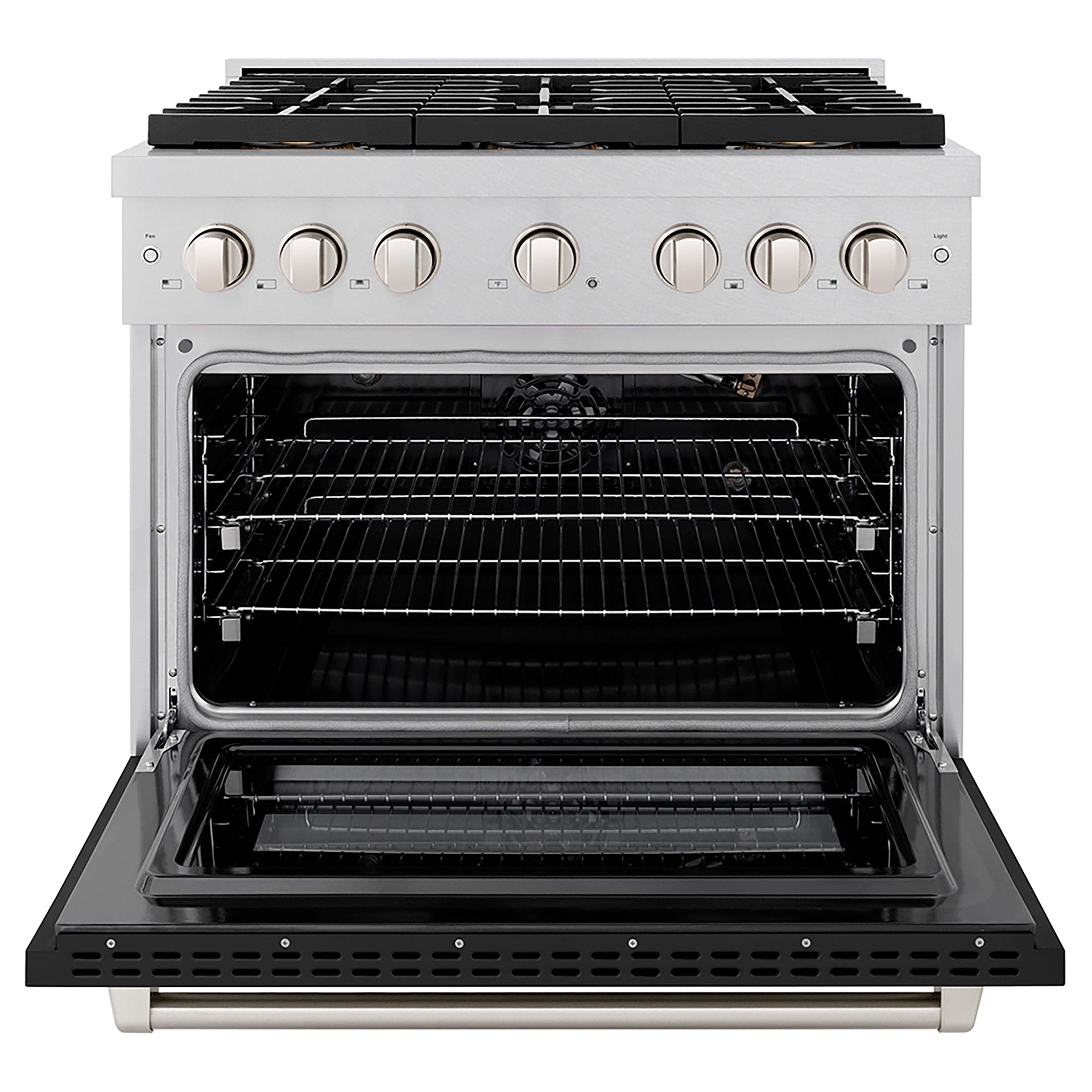 zline-36-in-gas-range-5-2-cu-ft-convection-oven-with-6-burner-duopro™-cooktop-satin-stainless-steel-with-black-matte-door-psgrs-blm-36