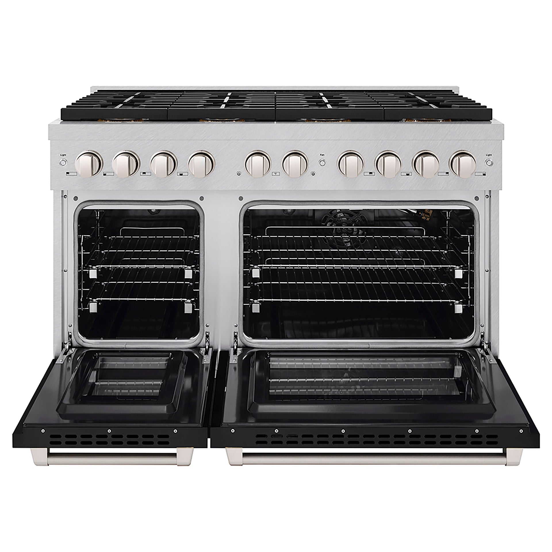 zline-48-in-gas-range-6-7-cu-ft-dual-oven-with-8-burner-duopro™-cooktop-satin-stainless-steel-with-black-matte-doors-psgrs-blm-48
