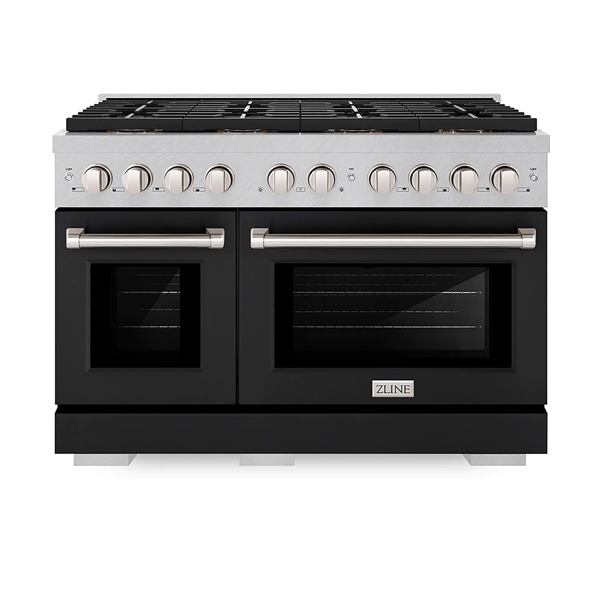 zline-48-in-gas-range-6-7-cu-ft-dual-oven-with-8-burner-duopro™-cooktop-satin-stainless-steel-with-black-matte-doors-psgrs-blm-48