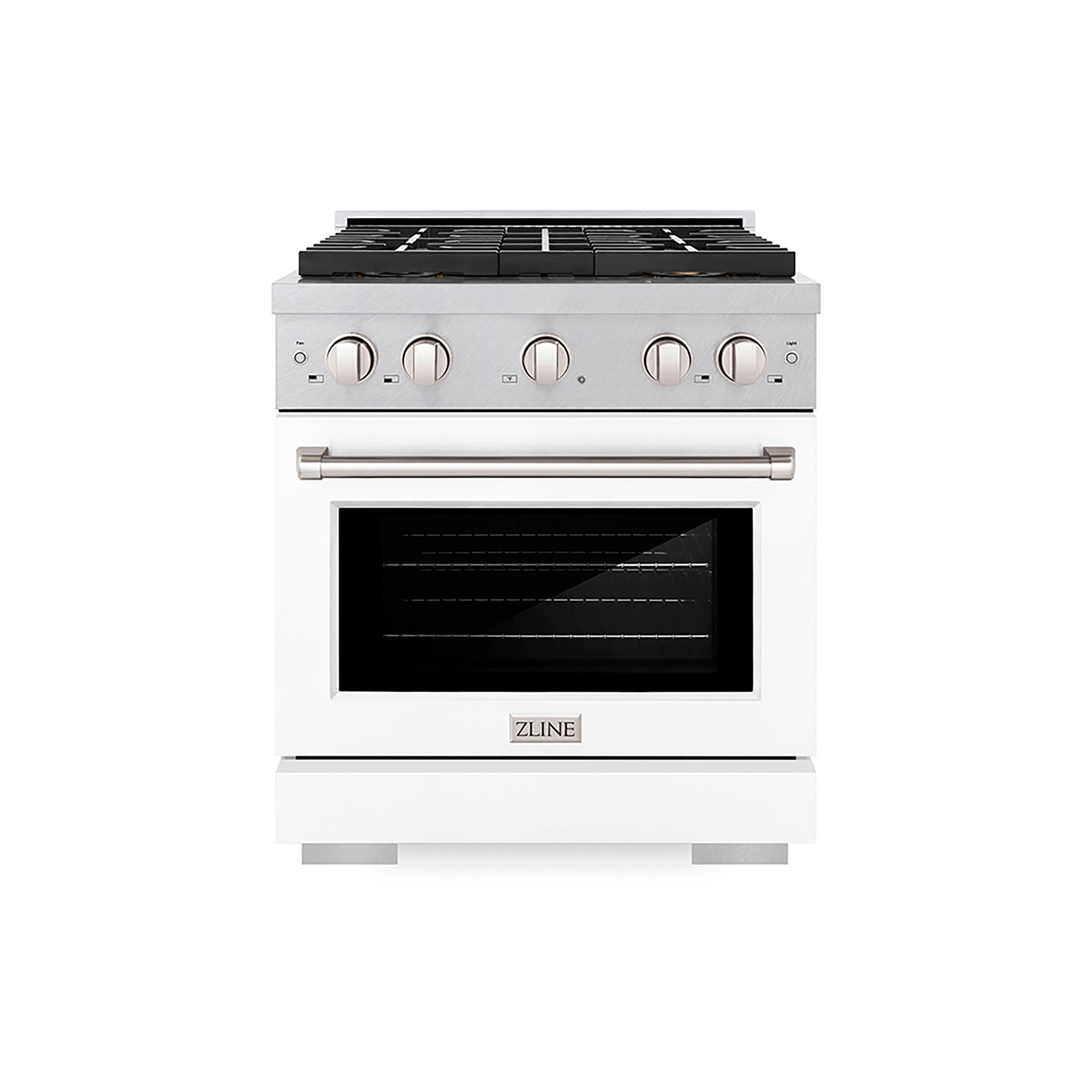 zline-30-in-gas-range-4-2-cu-ft-capacity-4-burner-duopro™-cooktop-convection-gas-oven-satin-stainless-steel-with-white-matte-door-psgrs-wm-30