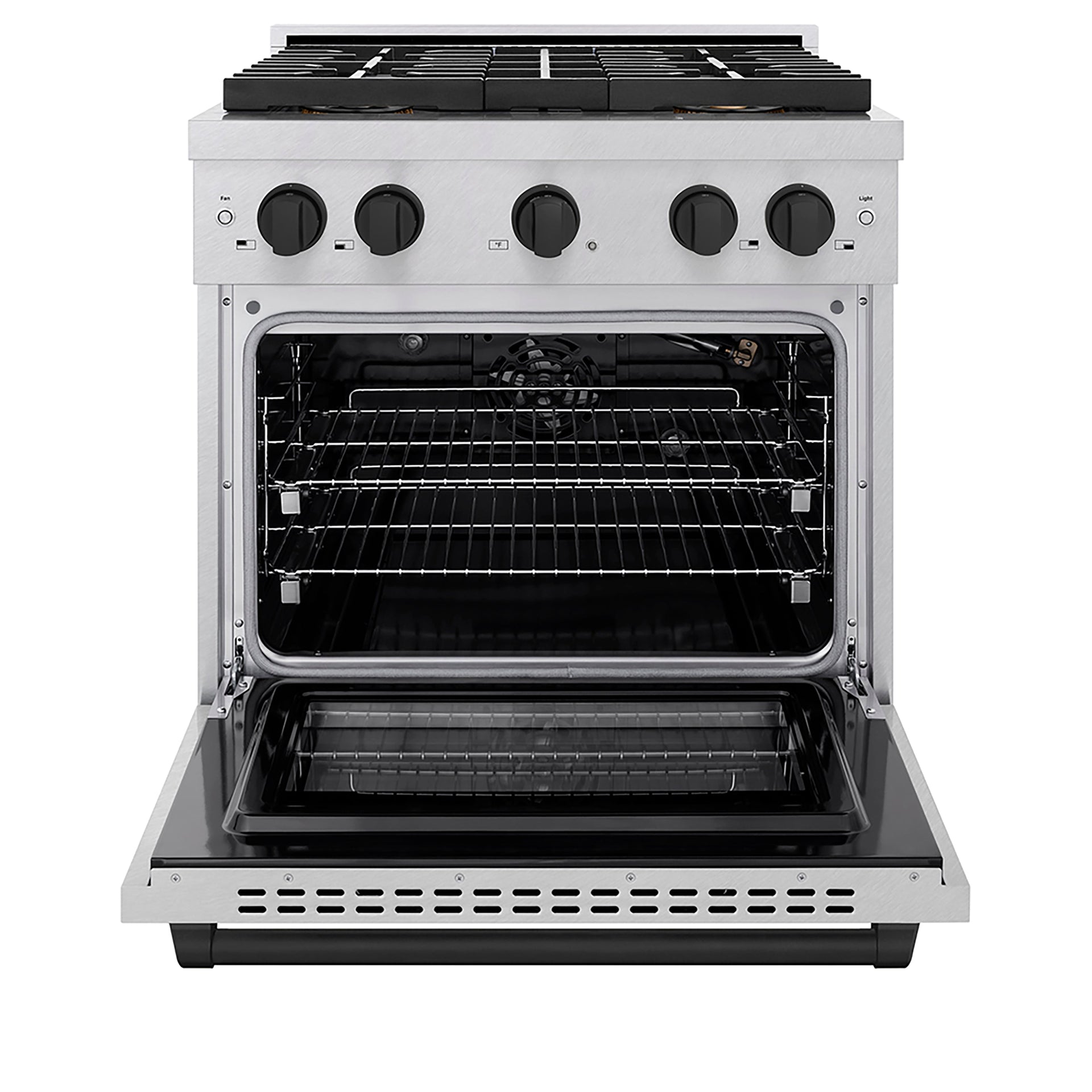 zline-30-in-gas-range-4-2-cu-ft-convection-oven-4-burner-duopro™-cooktop-satin-stainless-steel-with-matte-black-accents-psgrsz-30-mb