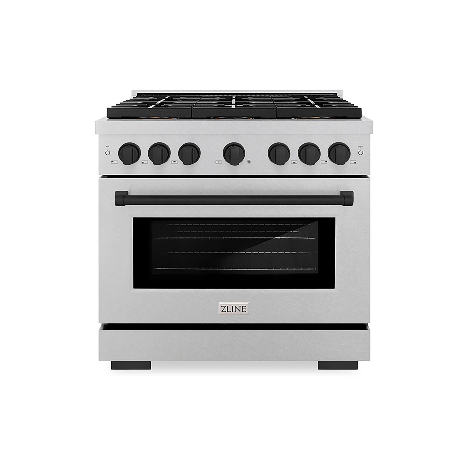 zline-36-in-gas-range-5-2-cu-ft-6-burner-duopro™-cooktop-convection-oven-satin-stainless-steel-matte-black-accents-psgrsz-36-mb