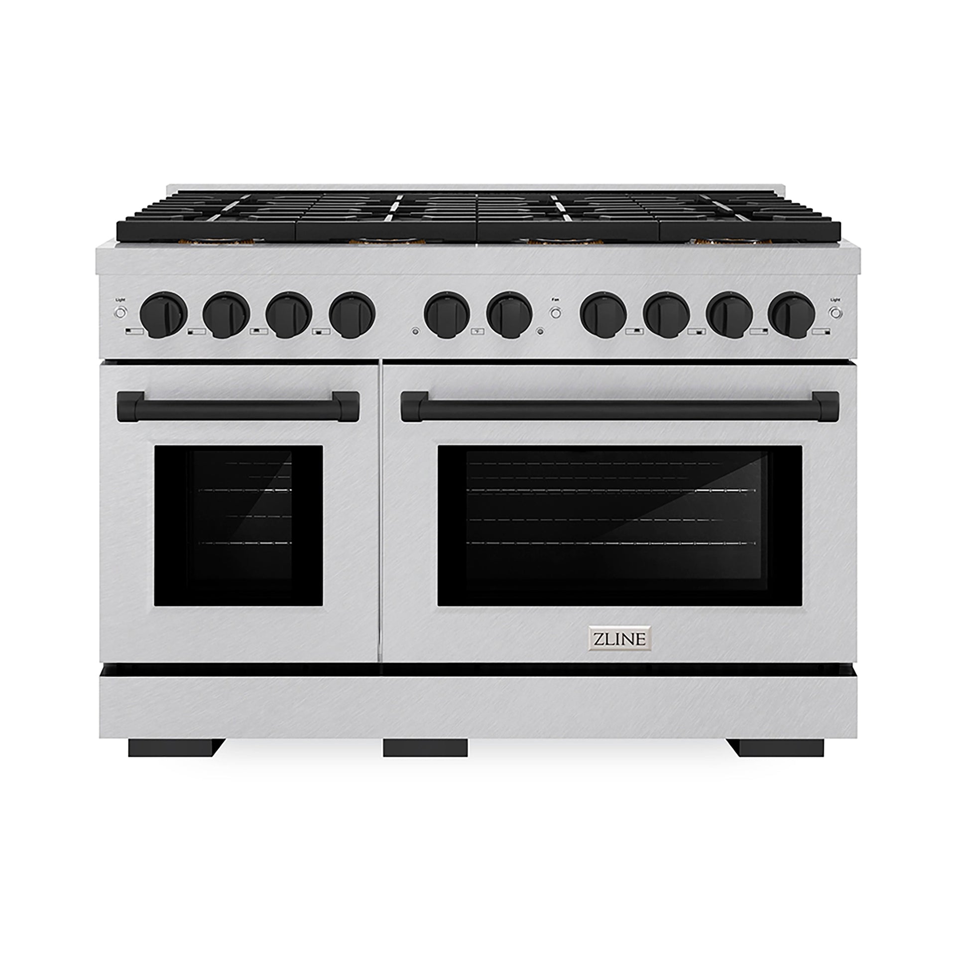 zline-48-in-gas-range-6-7-cu-ft-paramount-series-with-8-burner-duopro™-cooktop-dual-ovens-satin-stainless-steel-with-matte-black-accents-psgrsz-48-mb