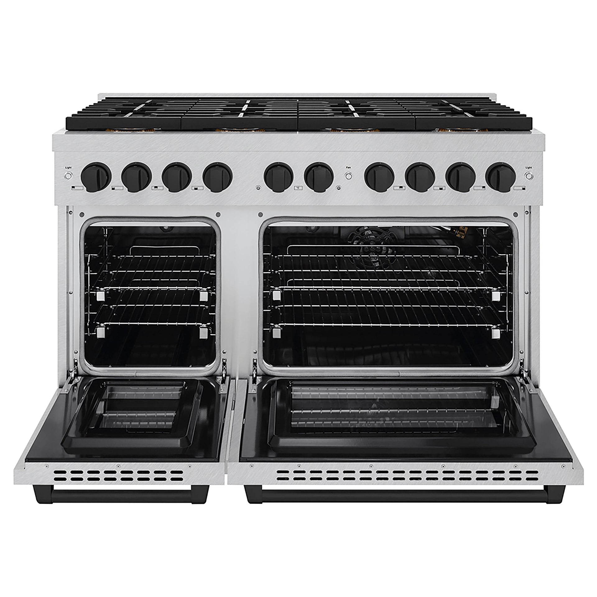 zline-48-in-gas-range-6-7-cu-ft-paramount-series-with-8-burner-duopro™-cooktop-dual-ovens-satin-stainless-steel-with-matte-black-accents-psgrsz-48-mb