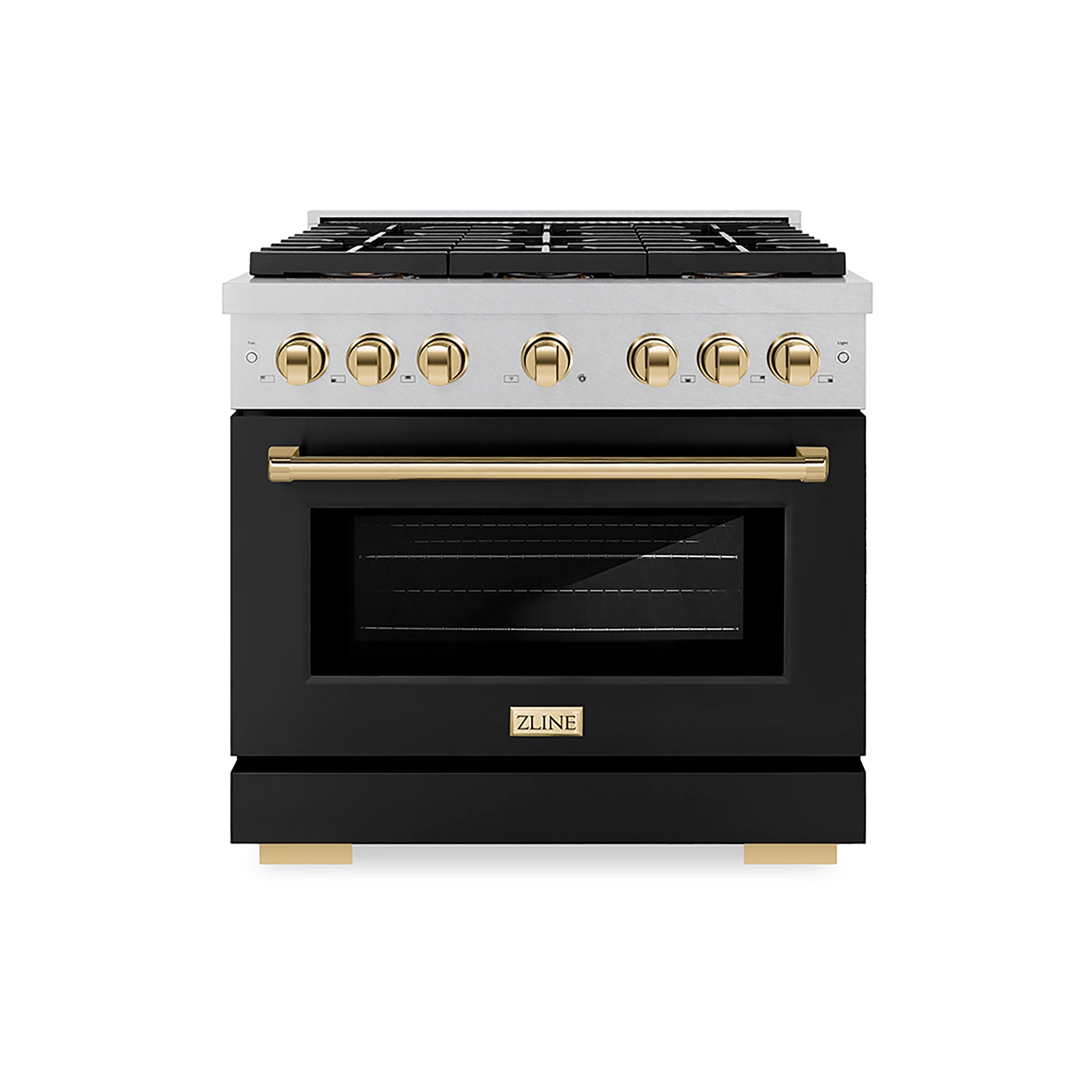 zline-36-in-gas-range-5-2-cu-ft-6-burner-duopro™-cooktop-convection-oven-satin-stainless-steel-black-matte-door-polished-gold-accents-psgrsz-blm36-g