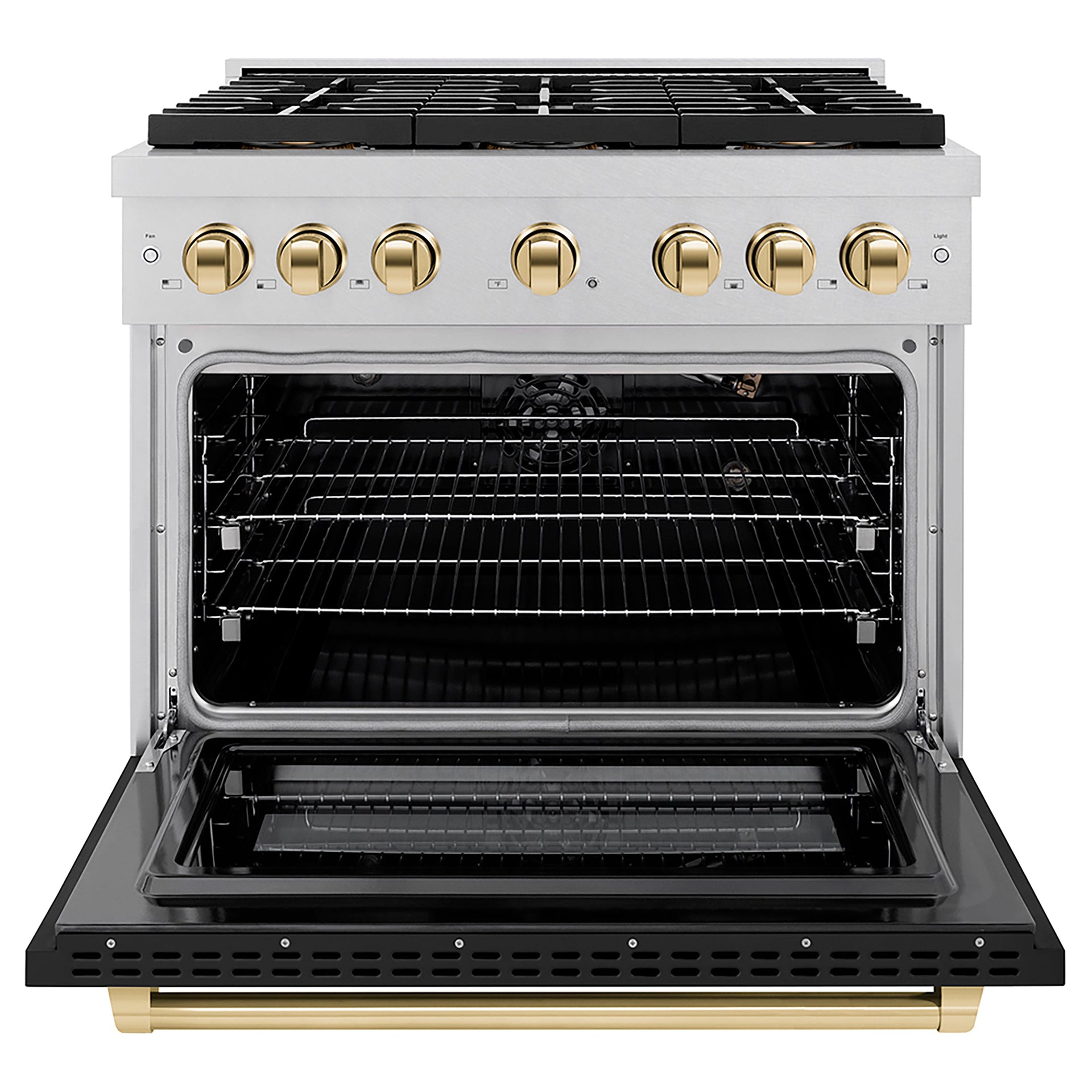 zline-36-in-gas-range-5-2-cu-ft-6-burner-duopro™-cooktop-convection-oven-satin-stainless-steel-black-matte-door-polished-gold-accents-psgrsz-blm36-g