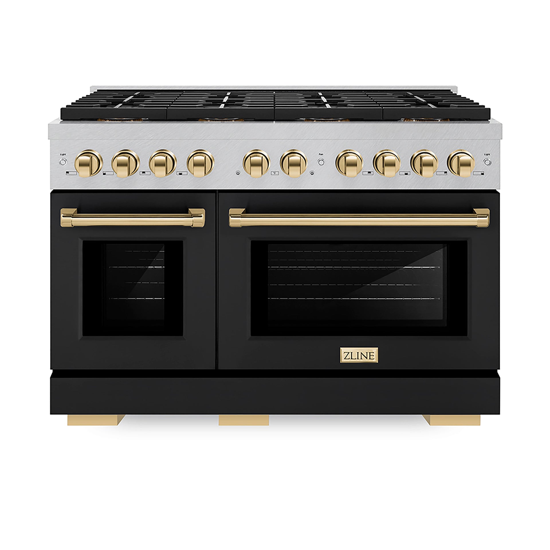 zline-48-in-gas-range-6-7-cu-ft-8-burner-duopro™-cooktop-dual-oven-satin-stainless-steel-black-matte-doors-polished-gold-accents-psgrsz-blm48-g