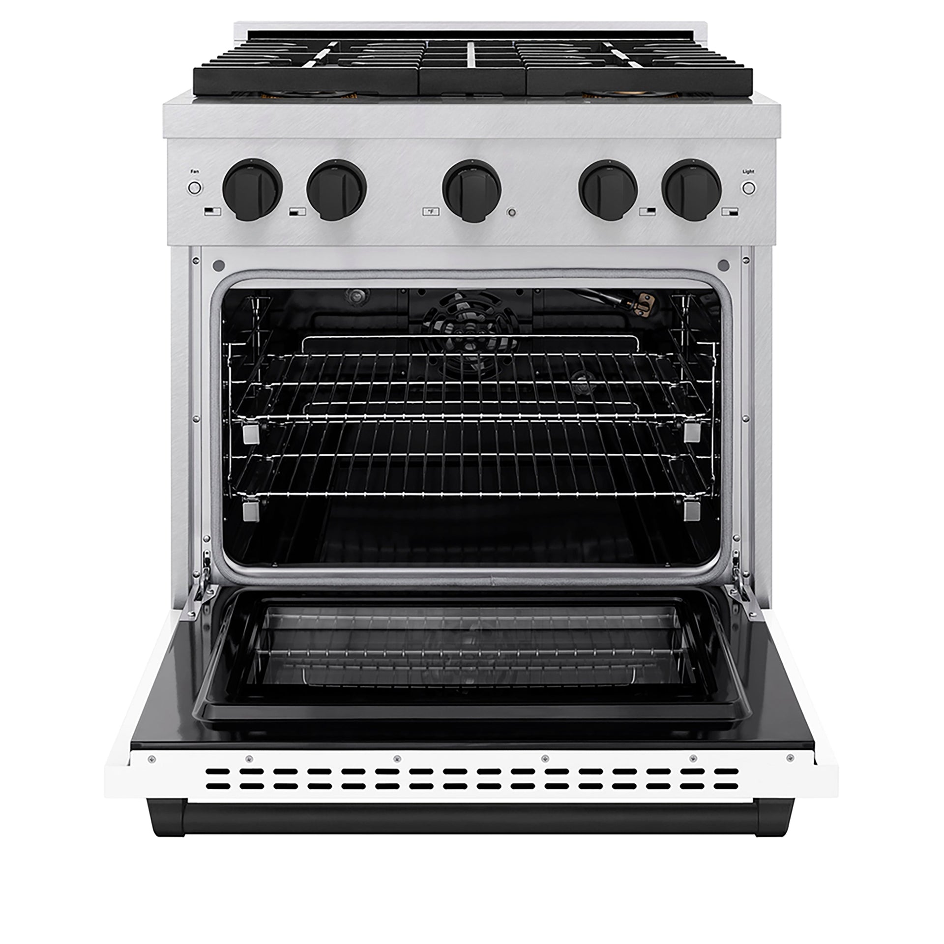 zline-30-in-gas-range-4-2-cu-ft-4-burner-duopro™-cooktop-convection-oven-satin-stainless-steel-white-matte-door-matte-black-accents-psgrsz-wm-30-mb