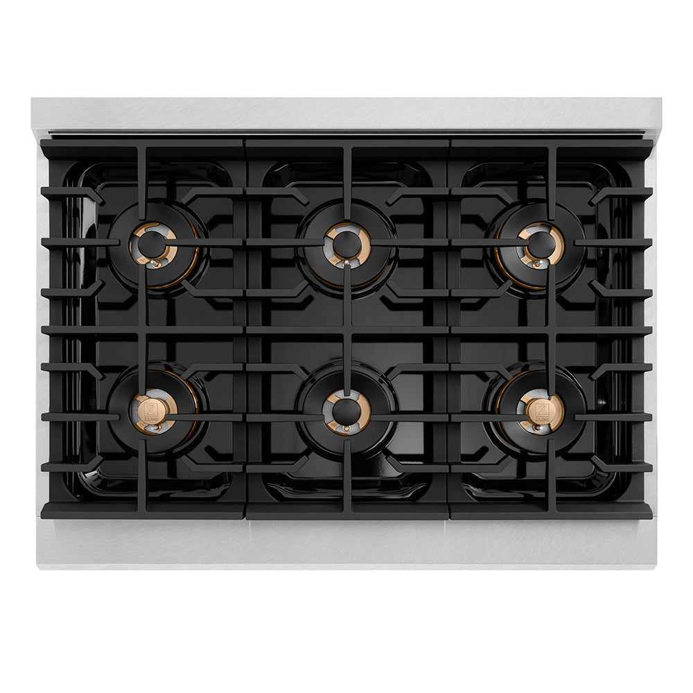 zline-autograph-36-paramount-gas-rangetop-with-6-burner-duopro™-cooktop-in-satin-stainless-steel-and-champagne-bronze-accents-psrtsz-36-cb