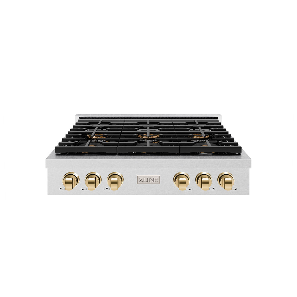 zline-autograph-36-paramount-gas-rangetop-with-6-burner-duopro™-cooktop-in-satin-stainless-steel-and-polished-gold-accents-psrtsz-36-g