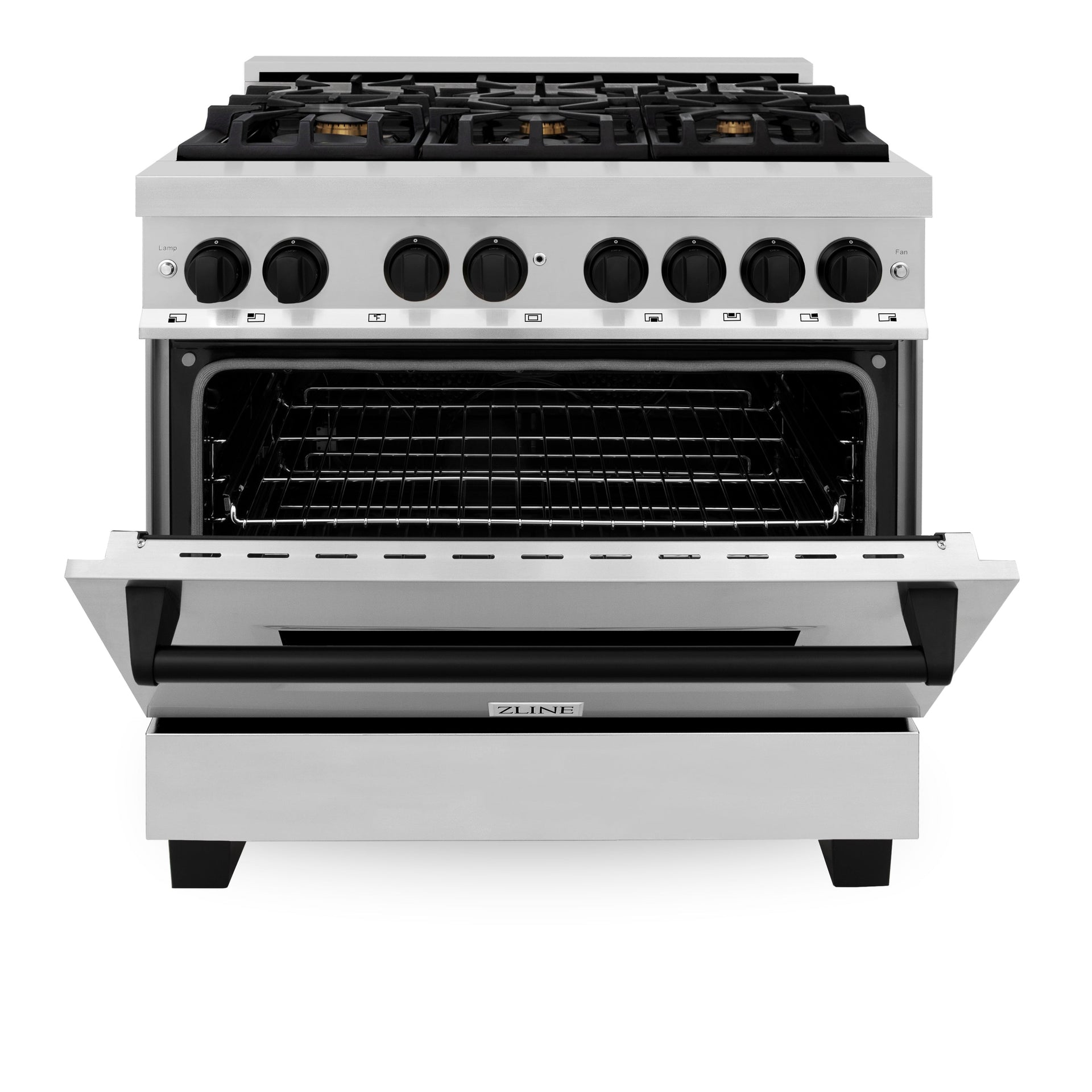 zline-autograph-edition-36-in-4-6-cu-ft-dual-fuel-range-with-gas-cooktop-and-electric-convection-oven-in-stainless-steel-with-black-matte-accents-raz-36-mb