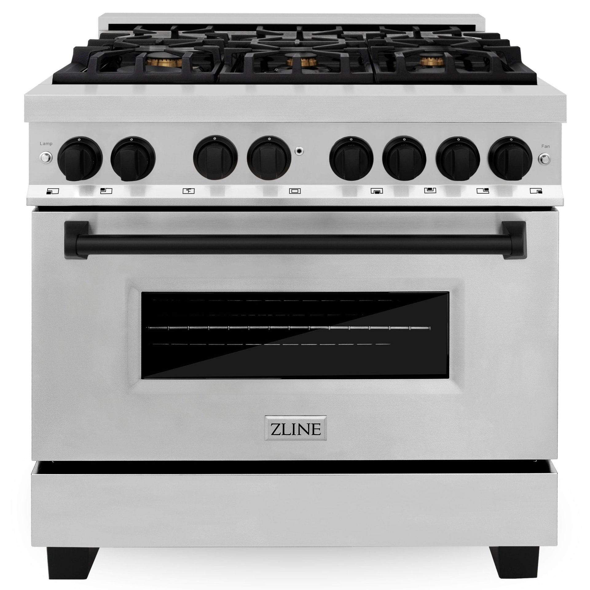 zline-autograph-edition-36-in-4-6-cu-ft-dual-fuel-range-with-gas-cooktop-and-electric-convection-oven-in-stainless-steel-with-black-matte-accents-raz-36-mb