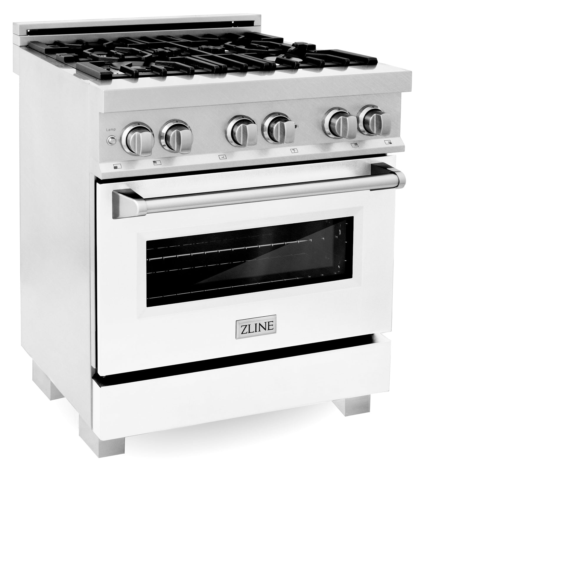 zline-30-in-legacy-dual-fuel-range-4-0-cu-ft-4-burner-gas-cooktop-with-griddle-and-electric-convection-oven-satin-stainless-steel-with-white-matte-door-model-ras-wm-gr-30