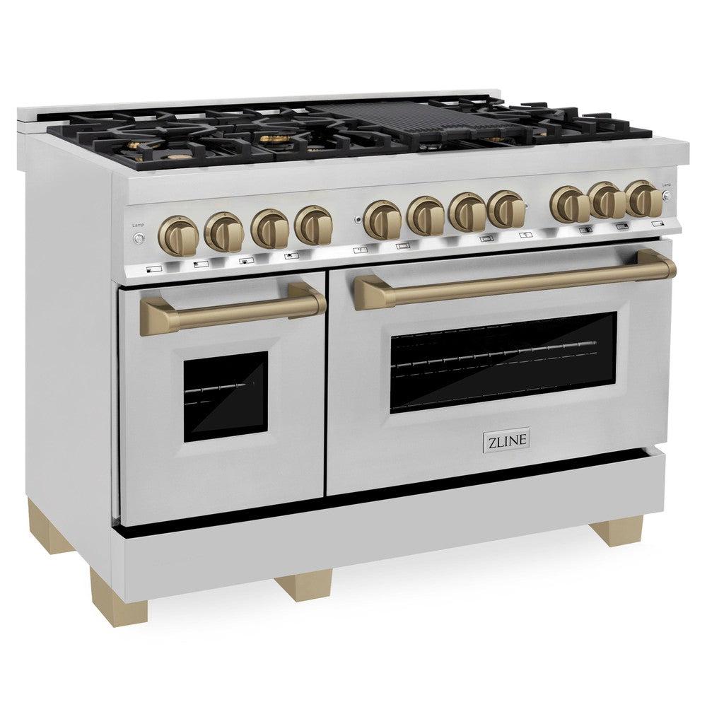 zline-autograph-edition-48-in-dual-fuel-range-6-0-cu-ft-oven-stainless-steel-with-champagne-bronze-accents-model-raz-48-cb