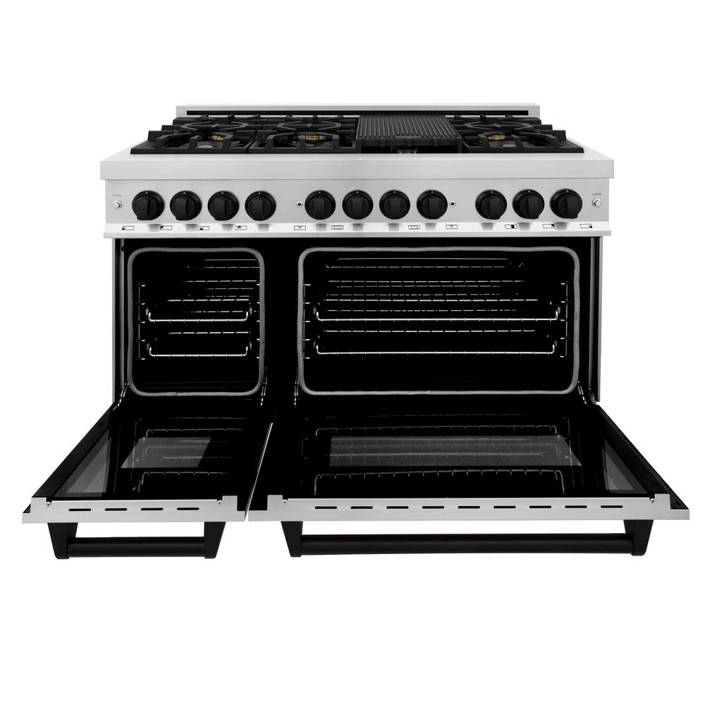 zline-autograph-edition-48-in-6-0-cu-ft-dual-fuel-range-with-gas-cooktop-and-electric-convection-oven-in-stainless-steel-with-black-matte-accents-raz-48-mb