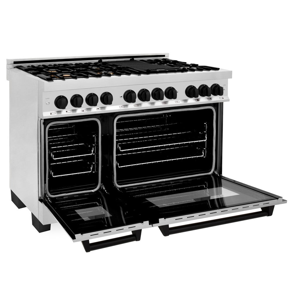 zline-autograph-edition-48-in-6-0-cu-ft-dual-fuel-range-with-gas-cooktop-and-electric-convection-oven-in-stainless-steel-with-black-matte-accents-raz-48-mb