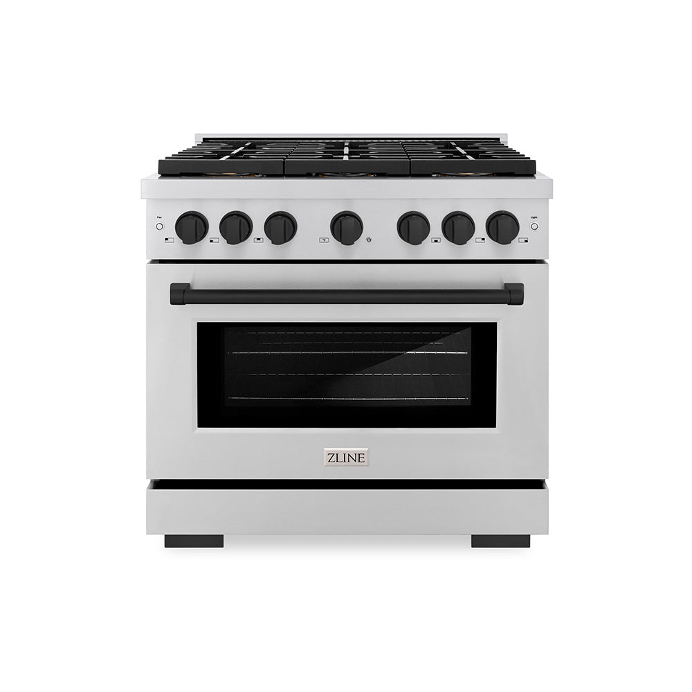 zline-36-in-dual-fuel-range-5-2-cu-ft-with-6-burner-duopro™-cooktop-electric-convection-oven-stainless-steel-with-matte-black-accents-psdrz-36-mb