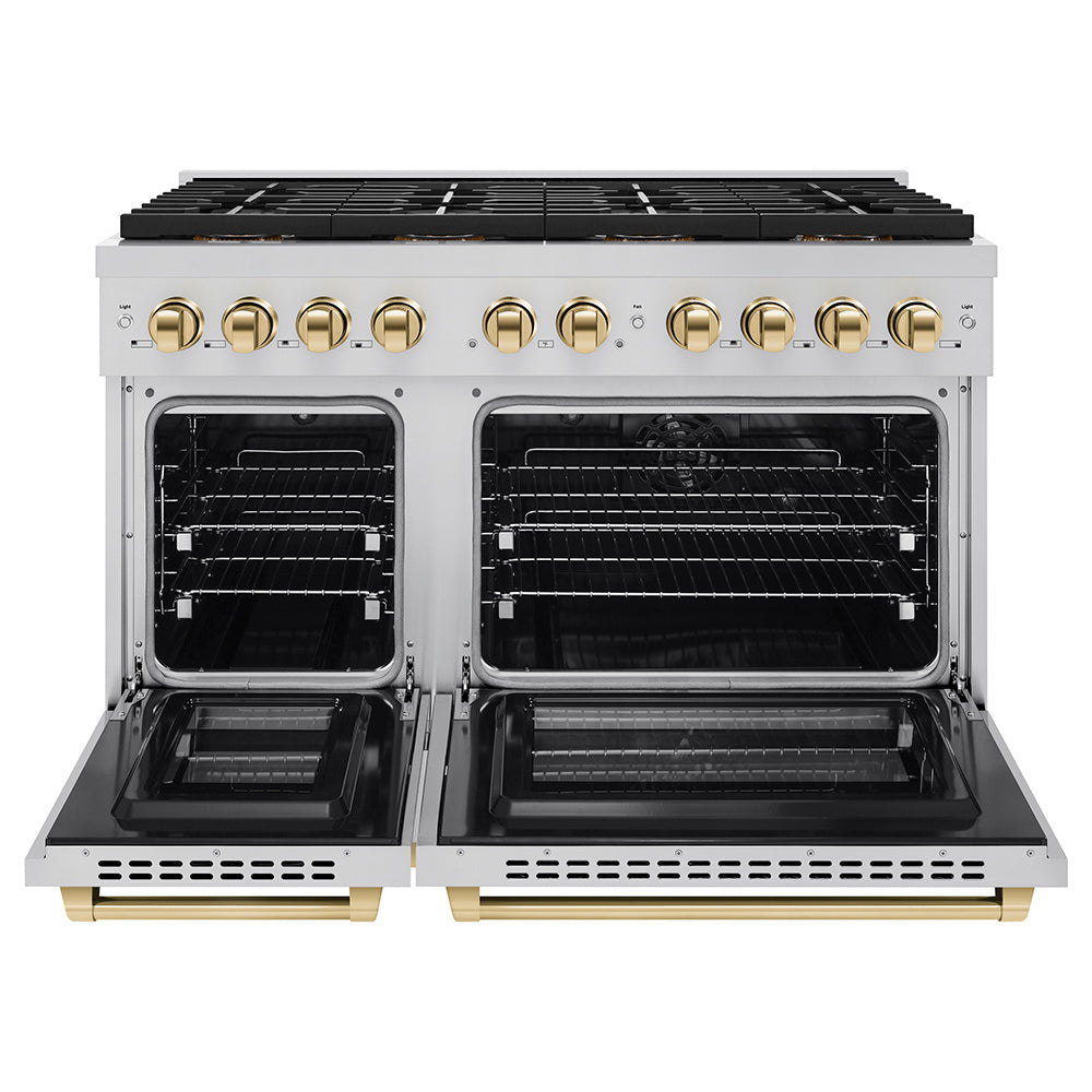 zline-48-in-paramount-dual-fuel-range-6-7-cu-ft-with-8-burner-duopro™-cooktop-dual-ovens-stainless-steel-with-polished-gold-accents-psdrz-48-g