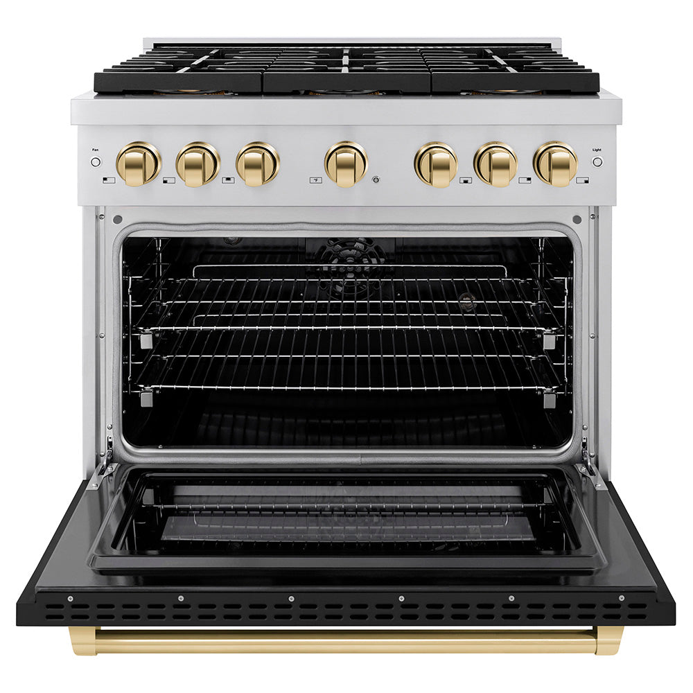 zline-36-in-dual-fuel-range-5-2-cu-ft-paramount-series-with-6-burner-duopro™-gas-cooktop-electric-convection-oven-black-matte-door-polished-gold-accents-psdrz-blm-36-g