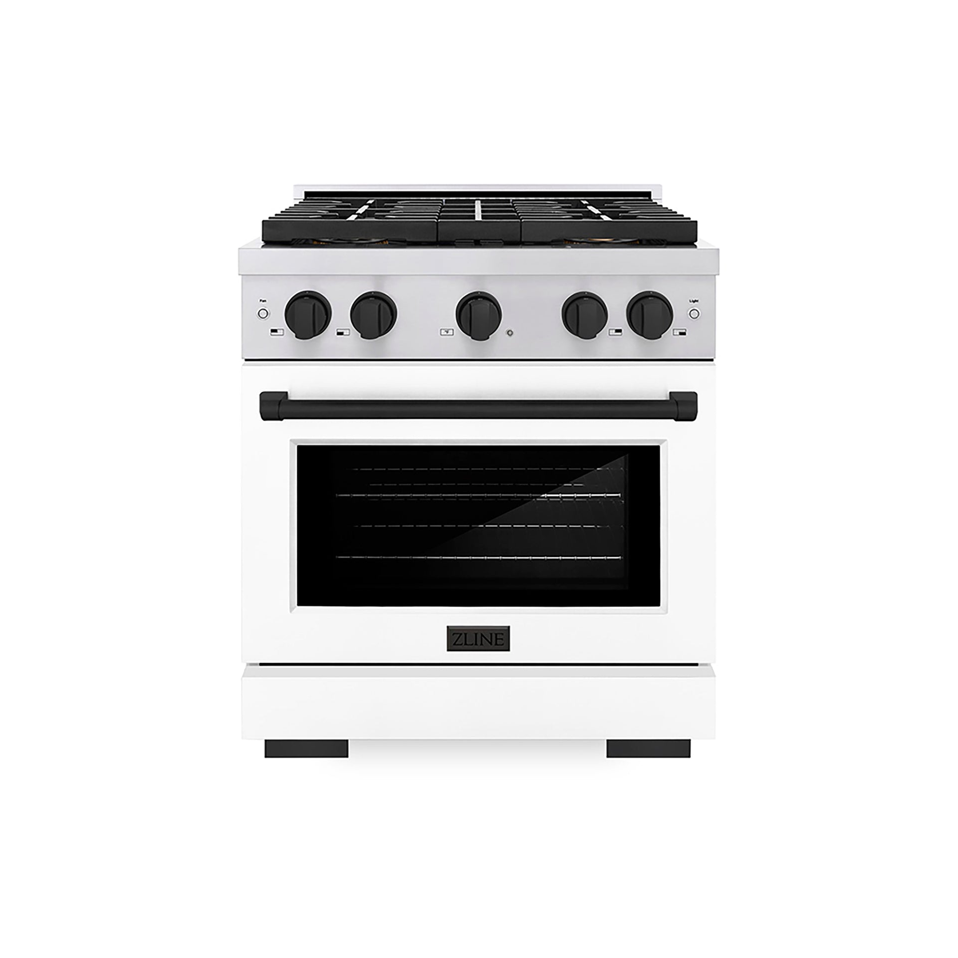 zline-30-in-dual-fuel-range-4-2-cu-ft-4-burner-duopro™-cooktop-electric-convection-oven-stainless-steel-white-matte-door-matte-black-accents-psdrz-wm-30-mb